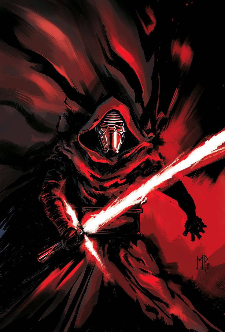 Kylo Ren 桌布 壁紙 — 一個身穿紅色連帽長袍的威嚇人物，在黑暗旋轉的背景中揮舞著發光的紅色光劍。