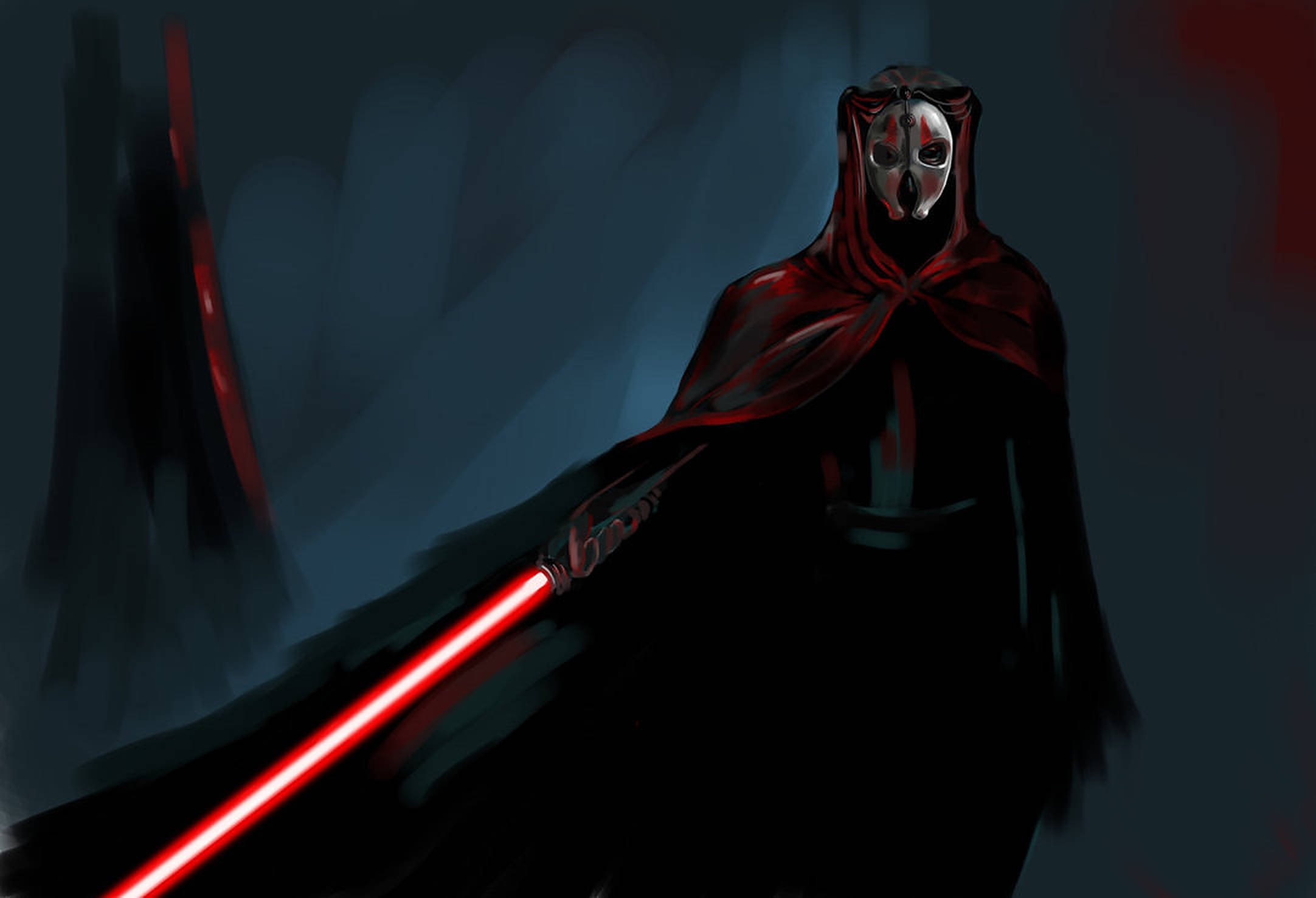 Darth Nihilus 桌布 壁紙 — 一個身穿紅色連帽長袍的神秘人物在黑暗陰鬱的背景中揮舞著發光的紅色光劍。
