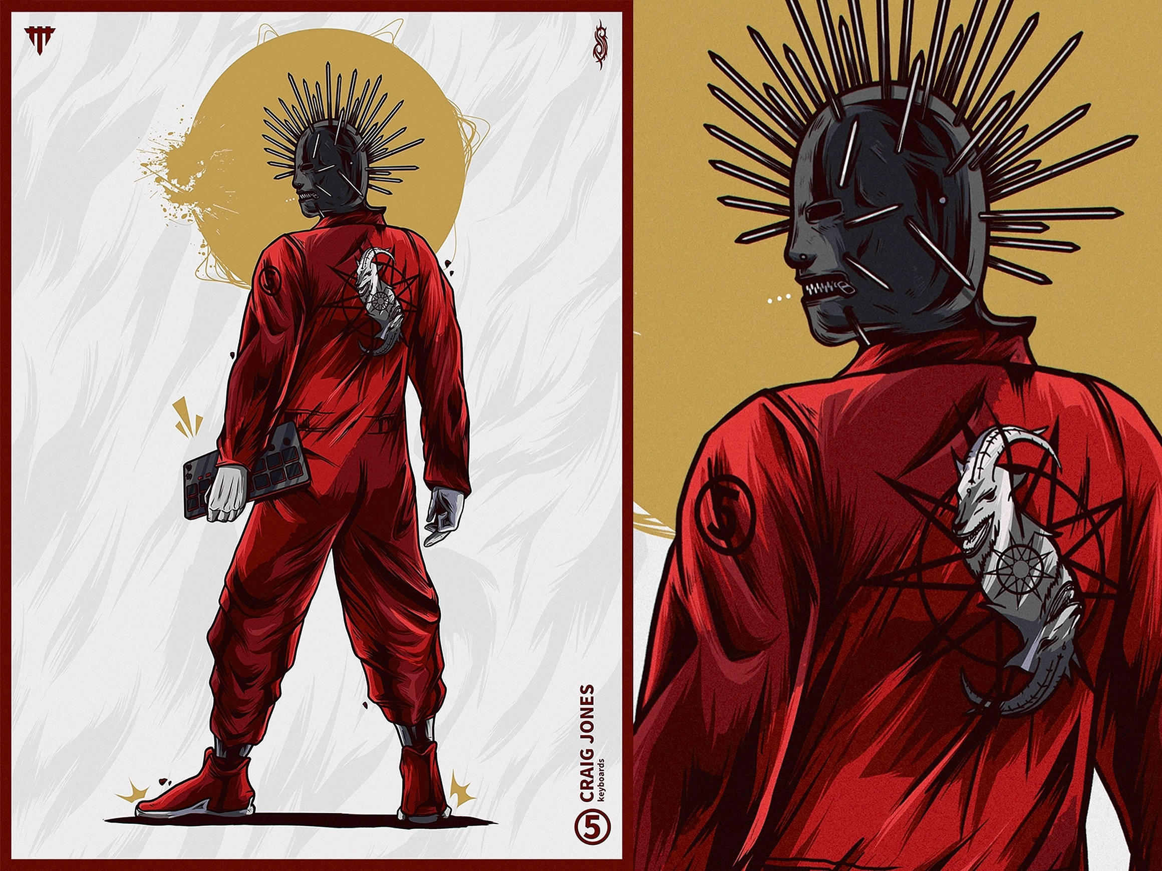 craig jones 桌布 壁紙 — 一個身穿紅色連身衣、戴著尖刺頭盔、有山羊刺青的威脅性人物，站在金色太陽背景前。