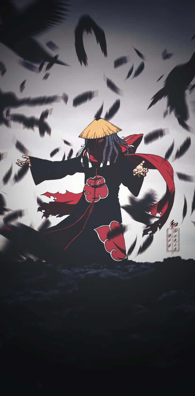 Akatsuki Hat 桌布 壁紙 — 一個身穿紅色雲斗篷的黑暗動漫角色，站在灰色天空下盤旋的黑鳥群中。