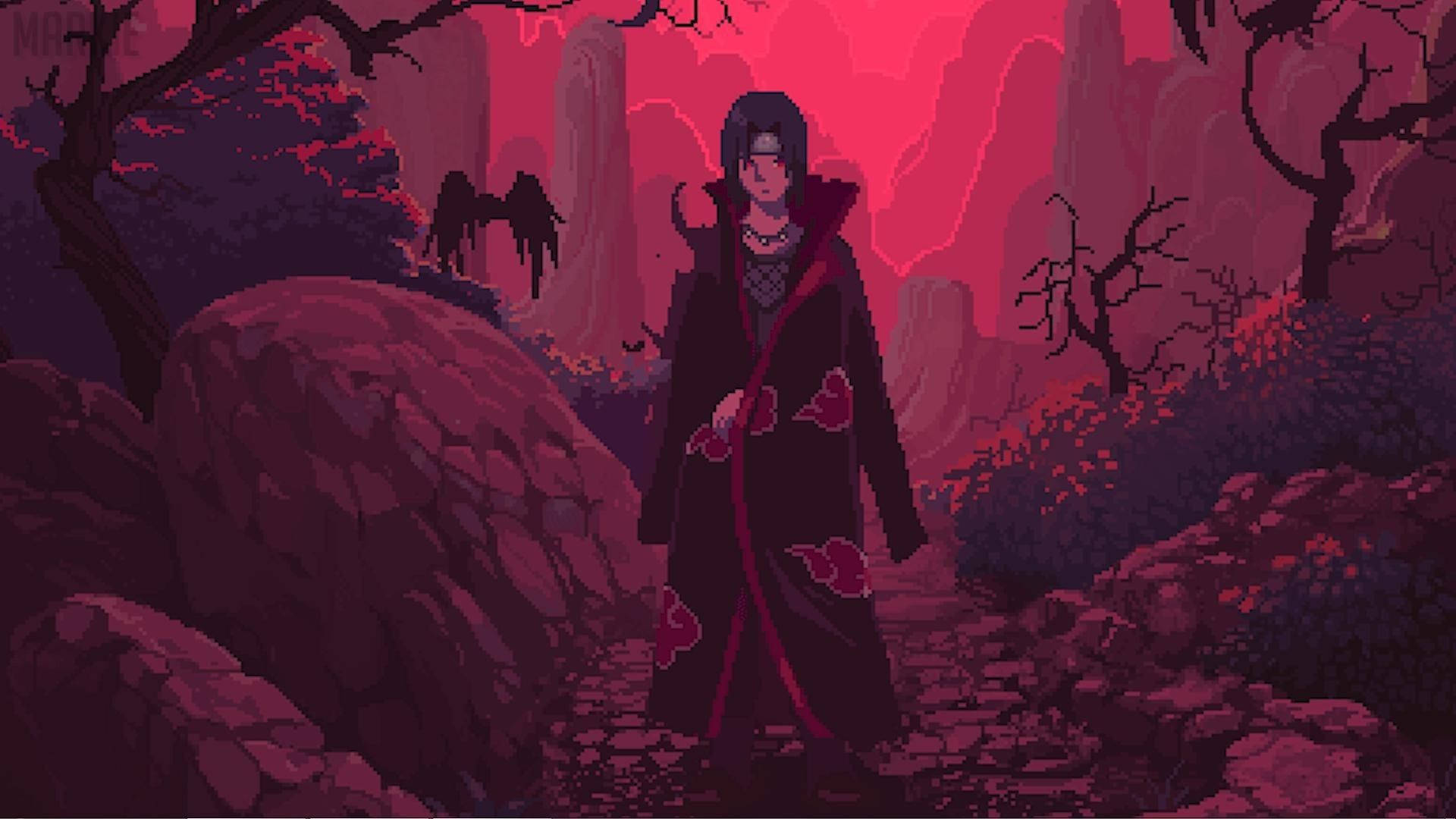 Shisui Uchiha 桌布 壁紙 — 一個身穿紅色雲紋斗篷的像素藝術忍者，在黃昏時分獨自站在一條穿過陰森深紅森林的岩石小徑上。