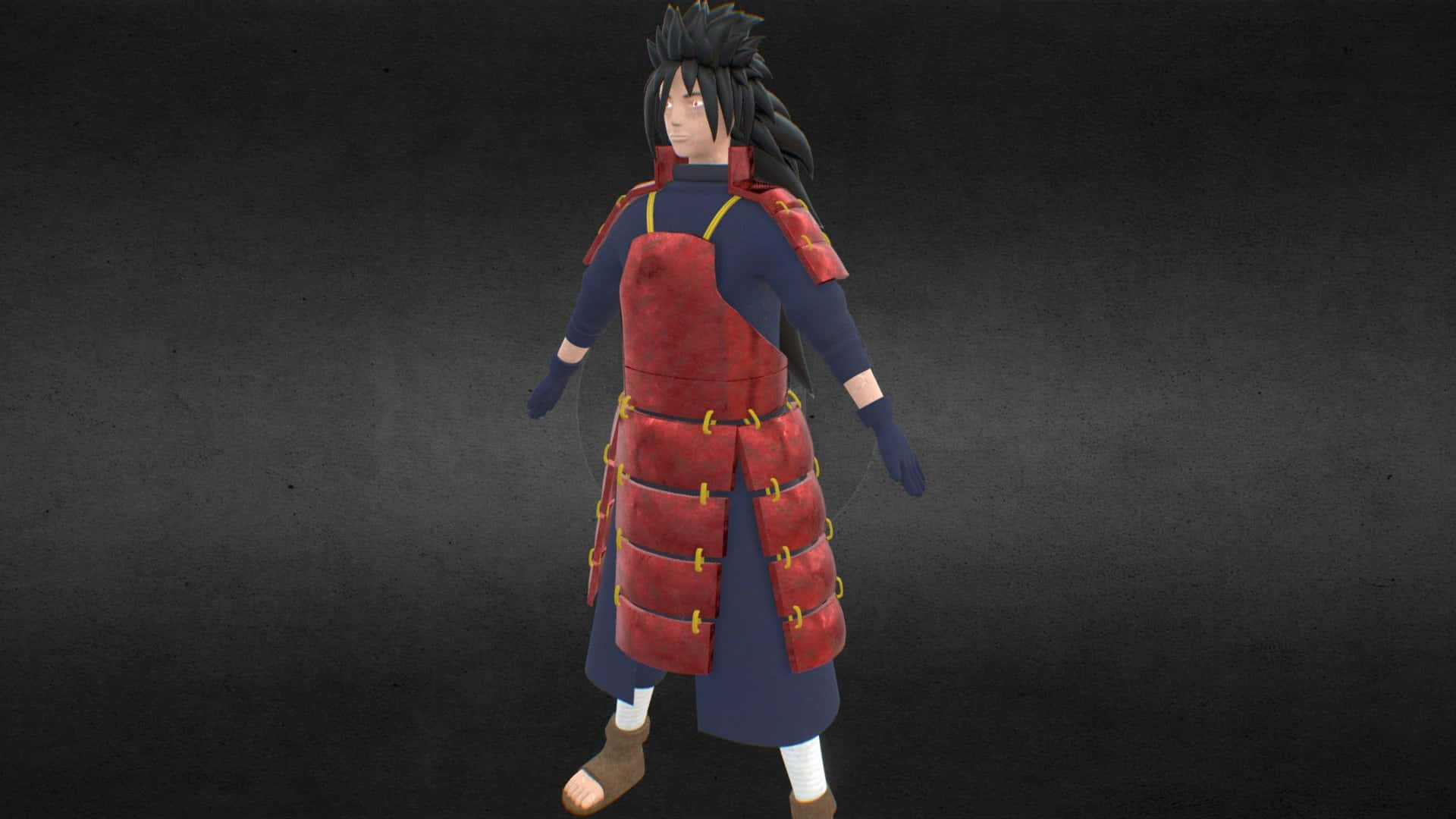宇智波斑 桌布 壁紙 — 一個身穿紅藍武士鎧甲的數位藝術角色，站在深色紋理背景前。