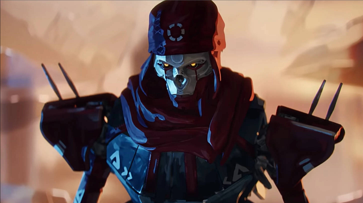 Cool Apex Legends 桌布 壁紙 — 一個身穿紅藍盔甲、擁有發光黃色眼睛的威脅性機械戰士，站立在朦朧、暖色調的環境中。