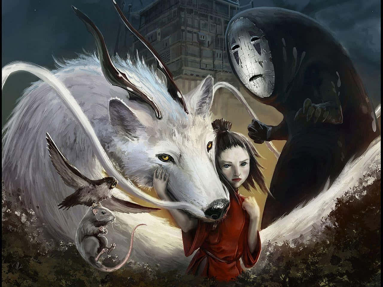 神隱少女 桌布 壁紙 — 一個身穿紅衣的年輕女孩站在一頭雄偉的白狼旁邊，一個戴面具的靈魂在他們身後隱現，營造出黑暗而充滿氣氛的場景。