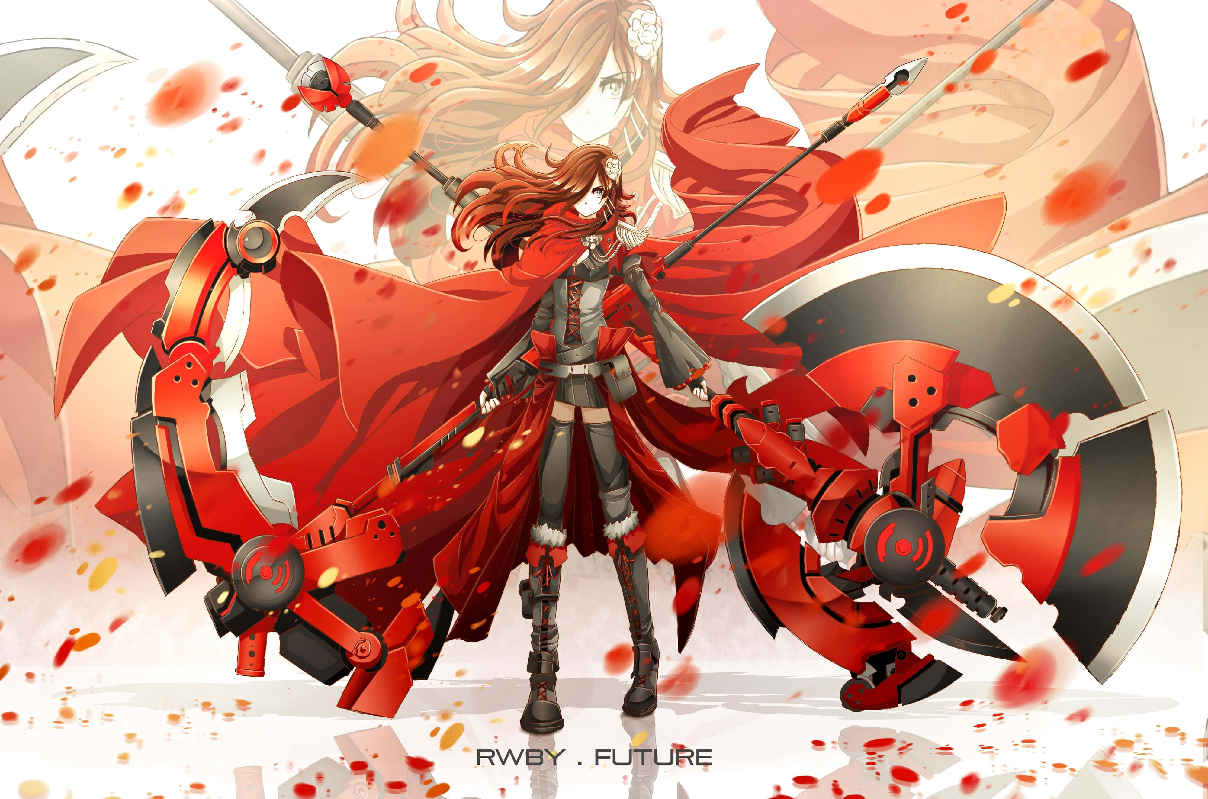 Rwby 桌布 壁紙 — 一個身穿紅袍、擁有機械臂和武器的動漫戰士，在紅色飛濺和幽靈般人物的背景下動態站立。