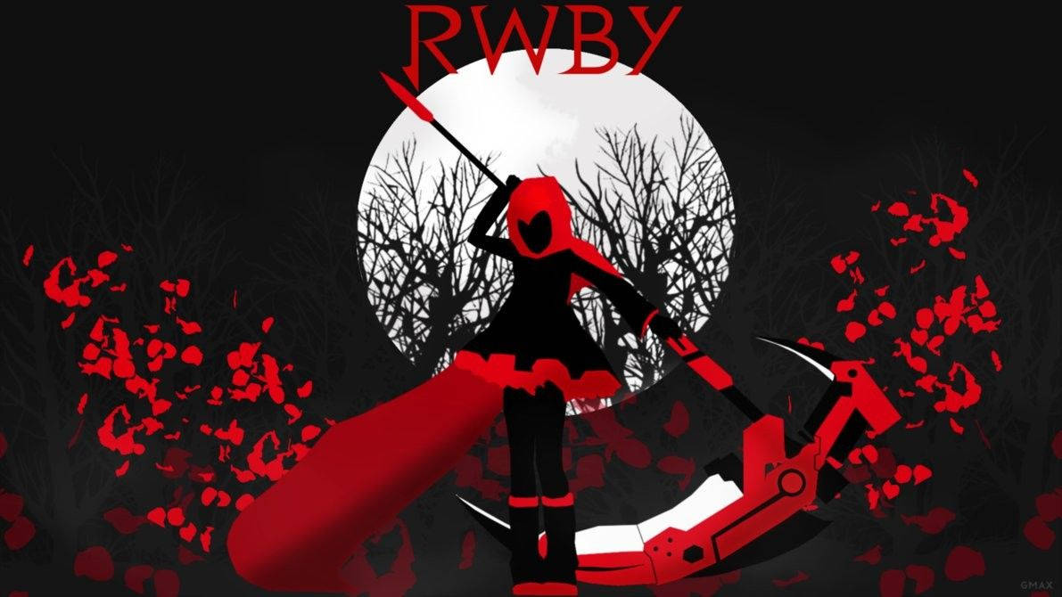 Rwby 桌布 壁紙 — 一個身穿紅袍的動漫戰士站在滿月前，手持長矛，周圍有飄落的紅色花瓣和骷髏般的樹木。