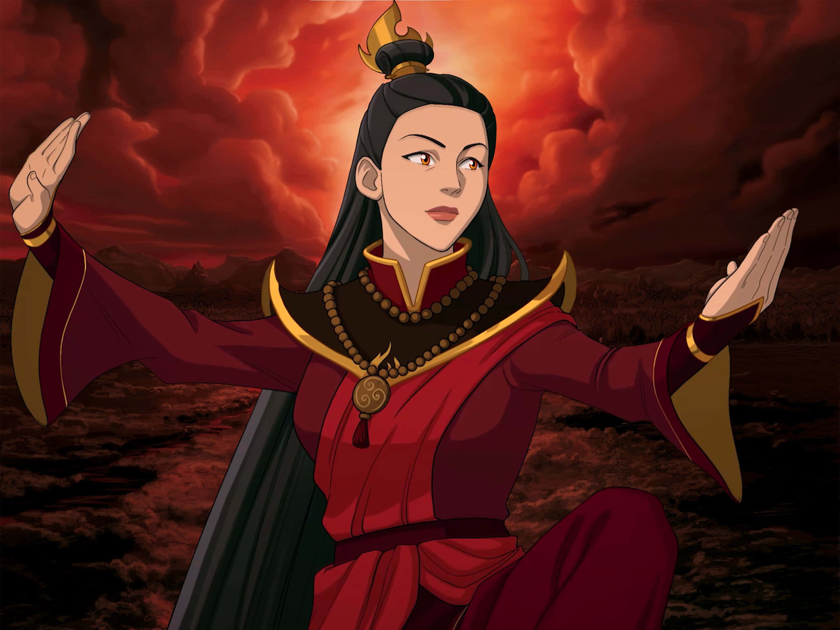 降世神通 最後的氣宗 桌布 壁紙 — 一個身穿紅金長袍、意志堅定的女性化身，雙手伸展，面向火紅的天空。