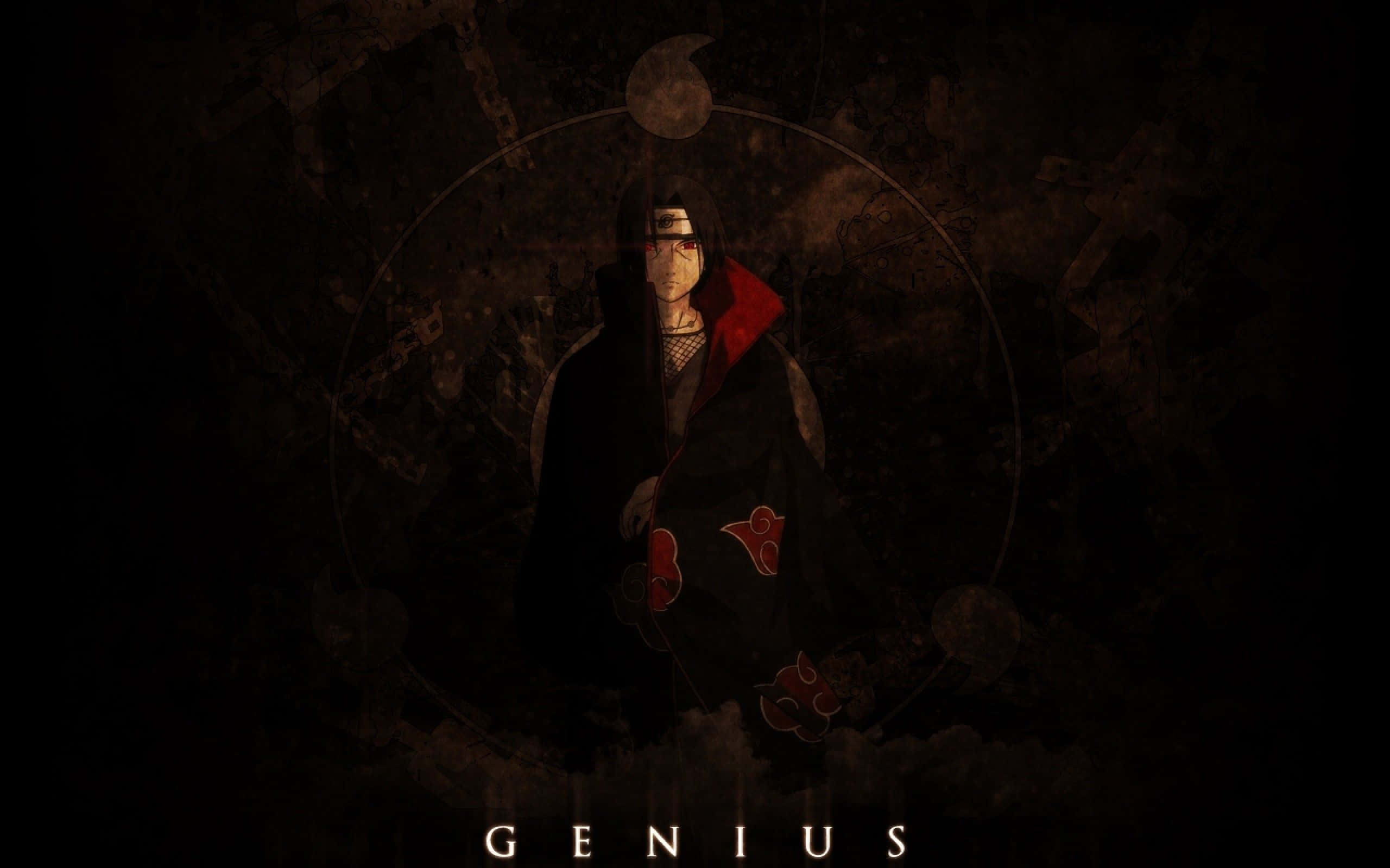 Dark Genius 桌布 壁紙 — 一個身穿紅黑斗篷的暗黑動漫角色，站在陰影紋理背景中一個發光的圓形封印中央。