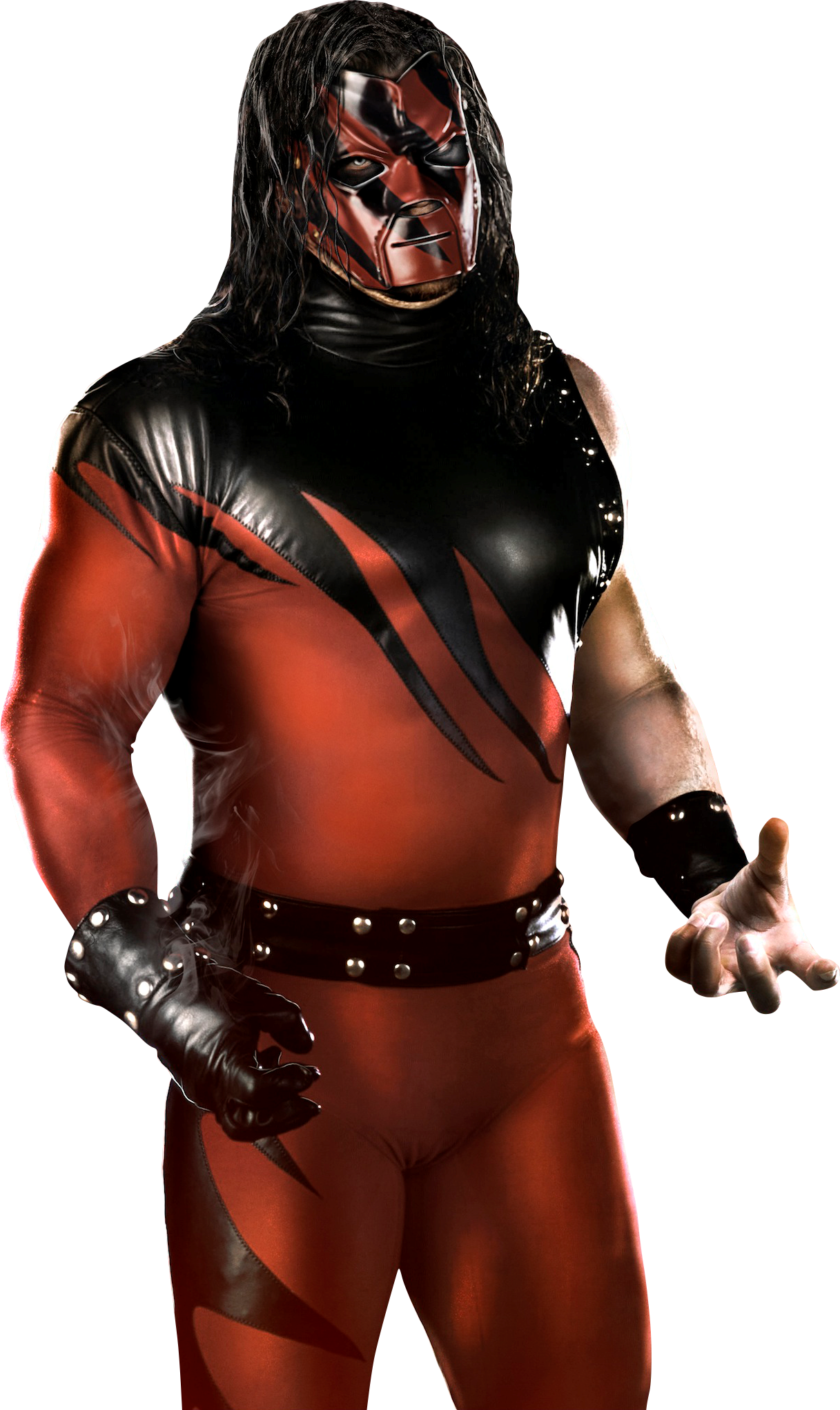 WWE 桌布 壁紙 — 一個身穿紅黑服裝、戴著面具的威嚇摔角手站在黑色背景前。