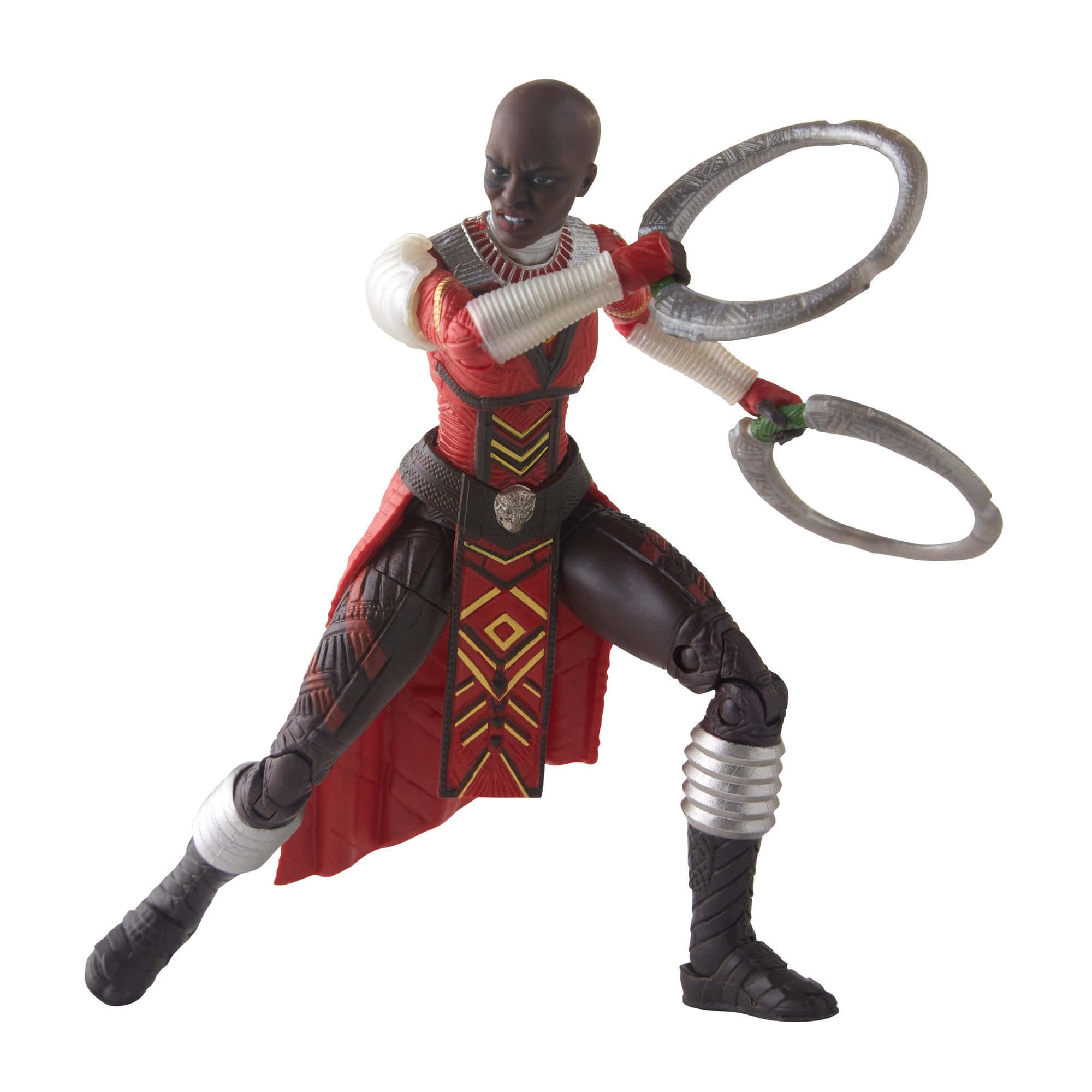Dora Milaje 桌布 壁紙 — 一個身穿紅黑盔甲、揮舞兩個大銀環的戰士的詳細動作人偶，擺出動態戰鬥姿勢。