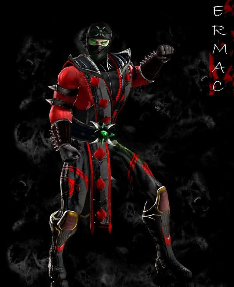 Mortal Kombat Ermac 桌布 壁紙 — 一個身穿紅黑盔甲、眼睛發出綠光的兇猛忍者戰士，在黑暗煙霧繚繞的背景中蓄勢待發。