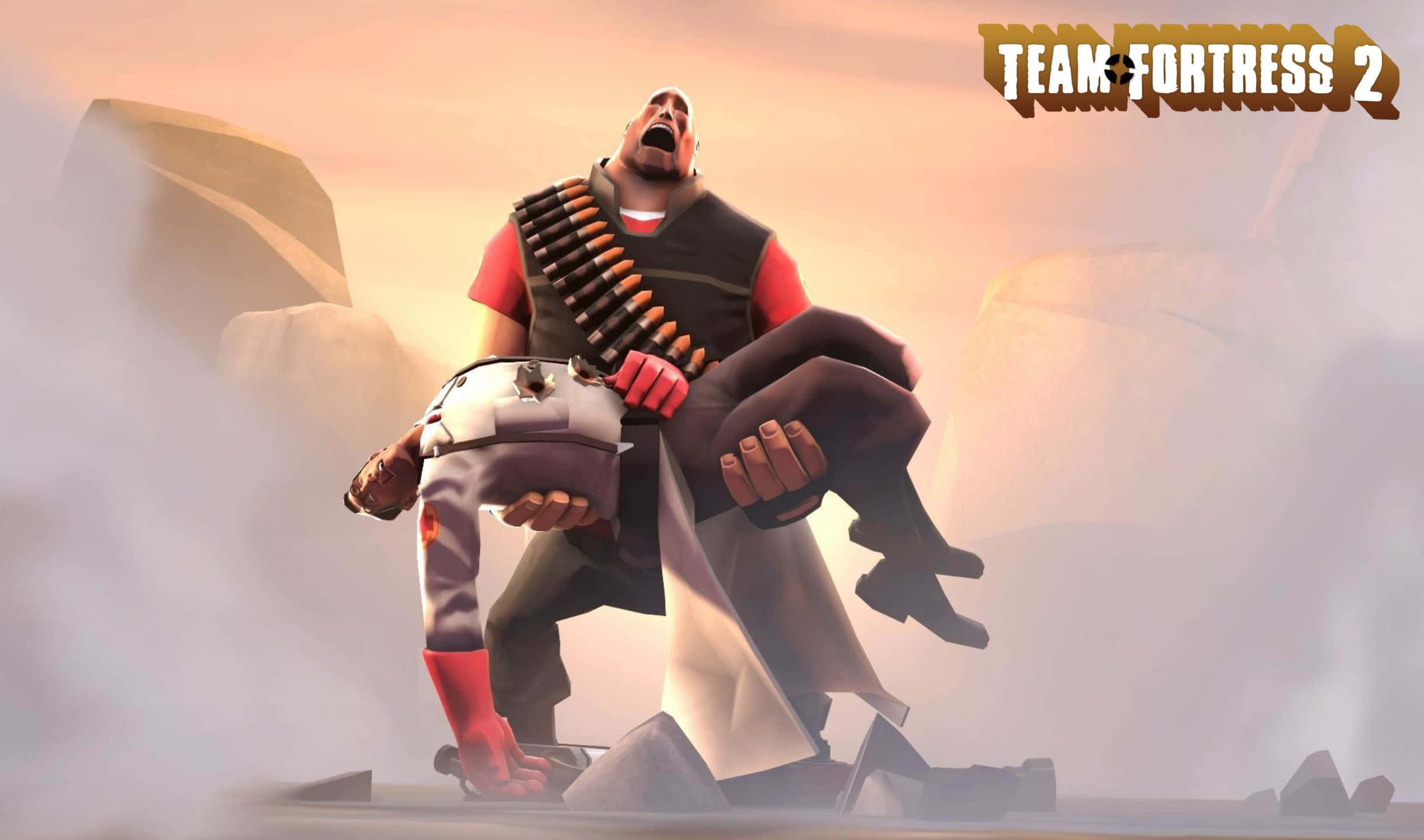 2440x1440 Tf2 桌布 壁紙 — 一個身穿紅黑色的巨型士兵在日落時分背著一個較小的士兵穿過霧氣瀰漫的岩石峽谷。