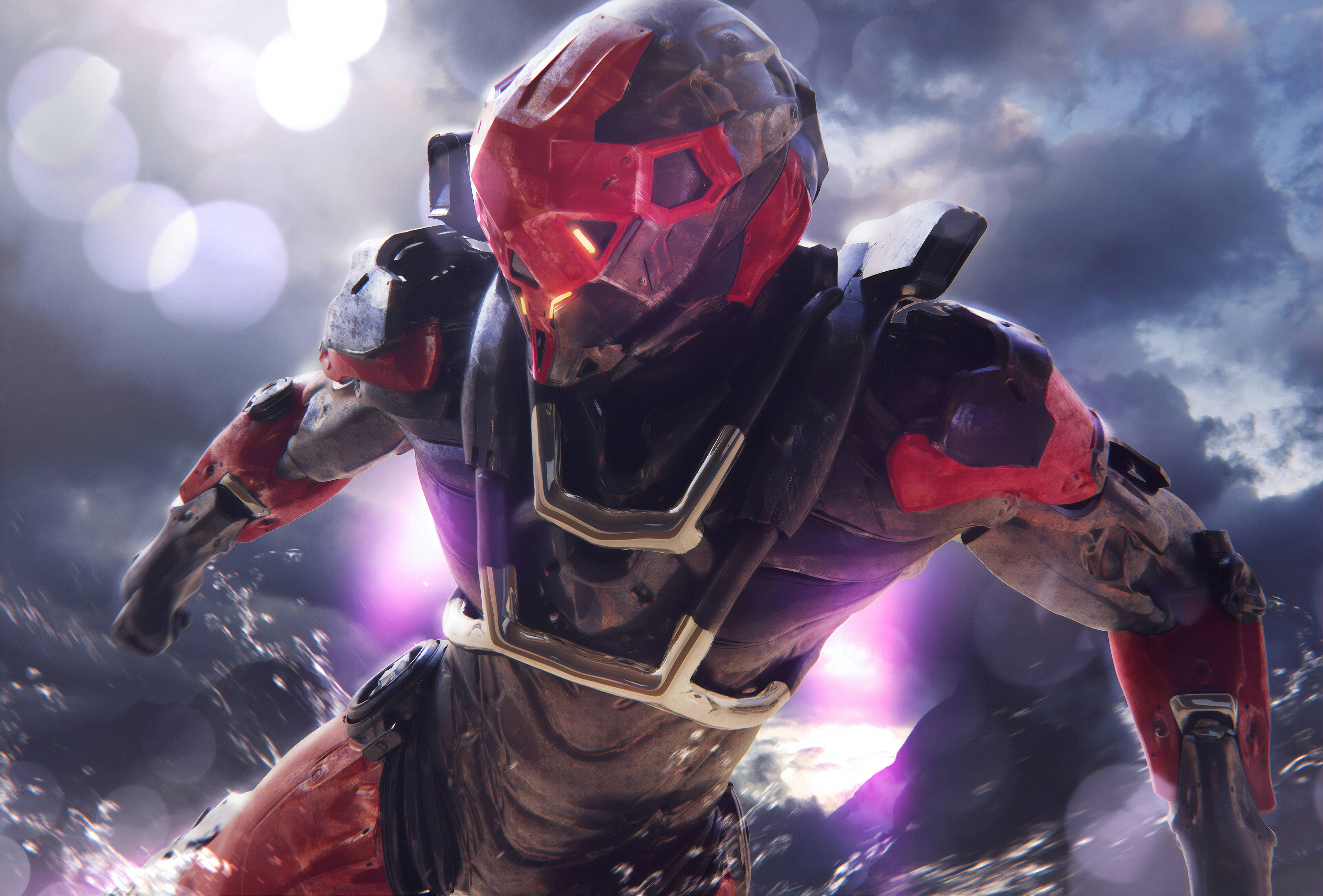 anthem 4K 桌布 壁紙 — 一個身穿紅黑裝甲的未來戰士，在風暴天空下向前衝刺，身後有發光的紫色能量。