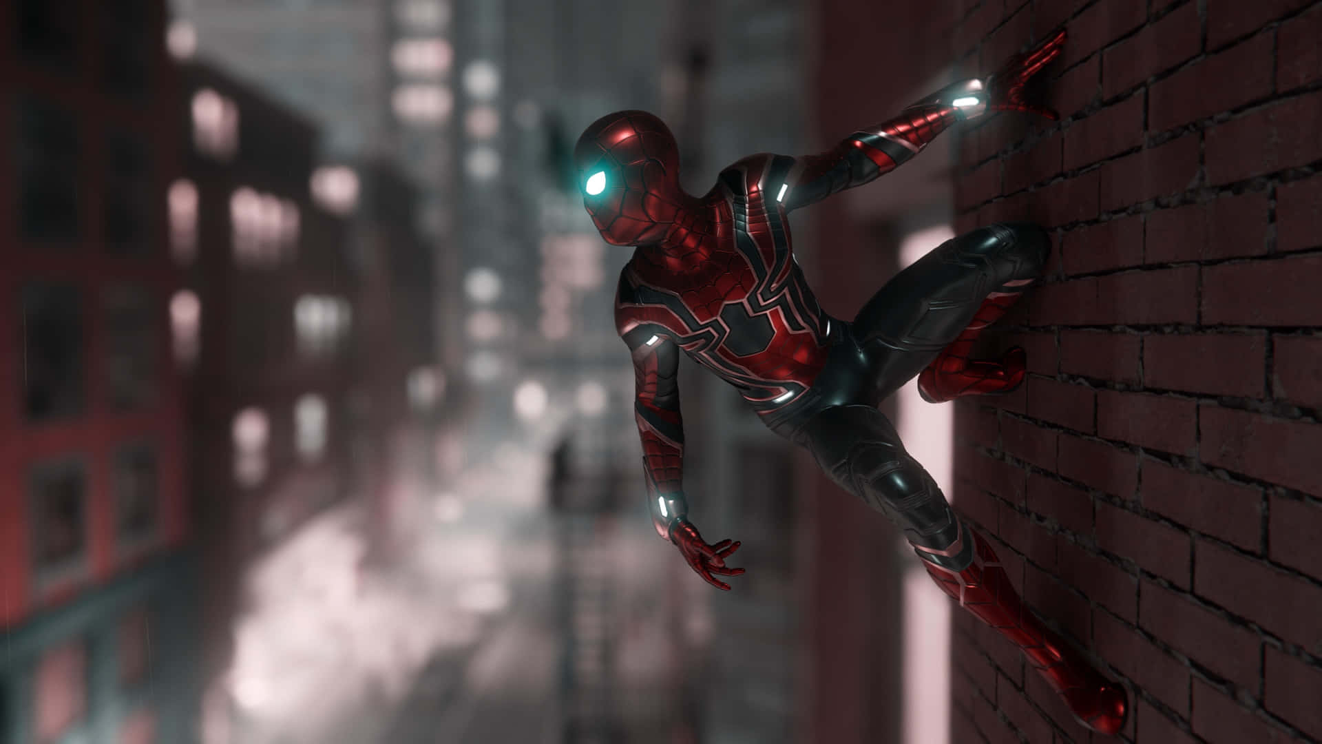 蜘蛛人身穿紅黑色戰衣在雨夜的城市攀爬磚牆 — Ps4 壁紙