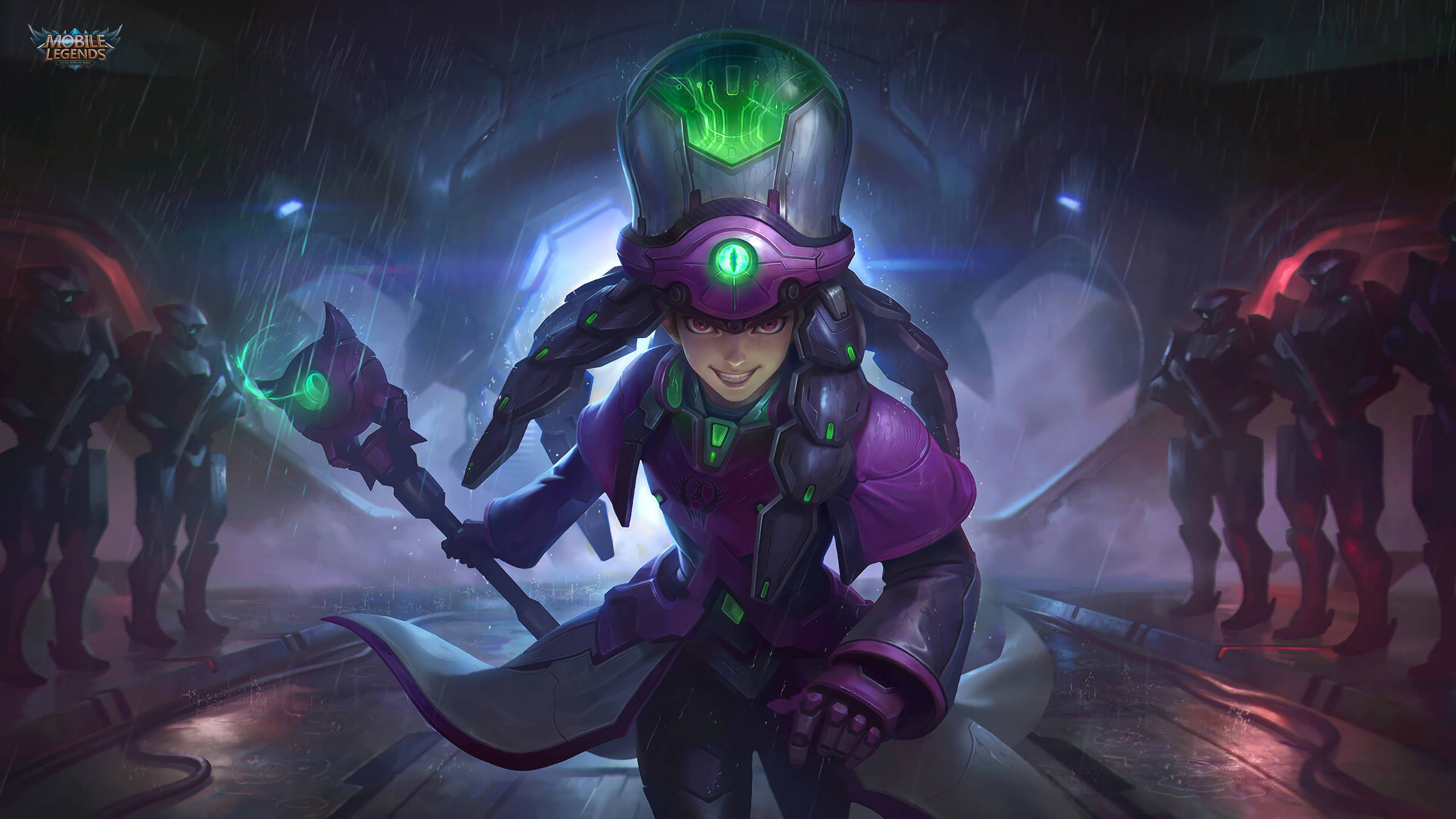 Mobile Legends 動態圖 桌布 壁紙 — 一個身穿紫色和綠色盔甲的未來戰士在黑暗科幻走廊的雨中揮動發光的杖。
