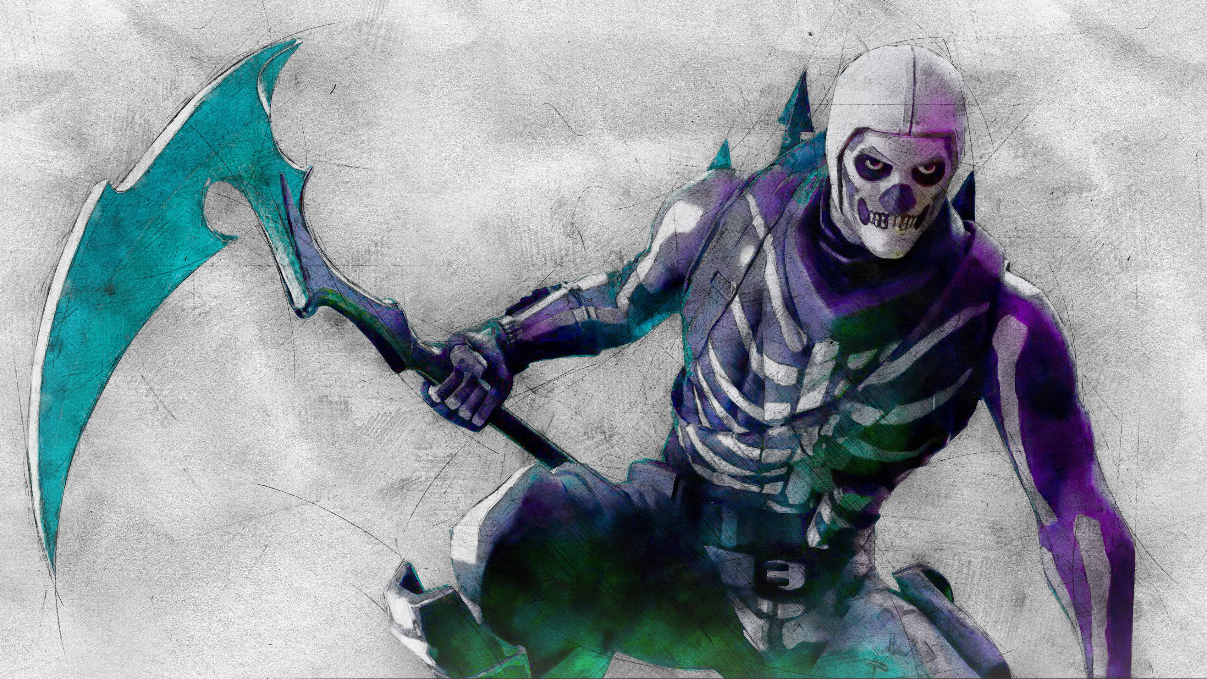 Fortnite iPad 桌布 壁紙 — 一個身穿紫色和藍綠色盔甲的可怕骷髏戰士，在粗糙紋理的背景前揮舞著一把巨大的彎曲鐮刀。
