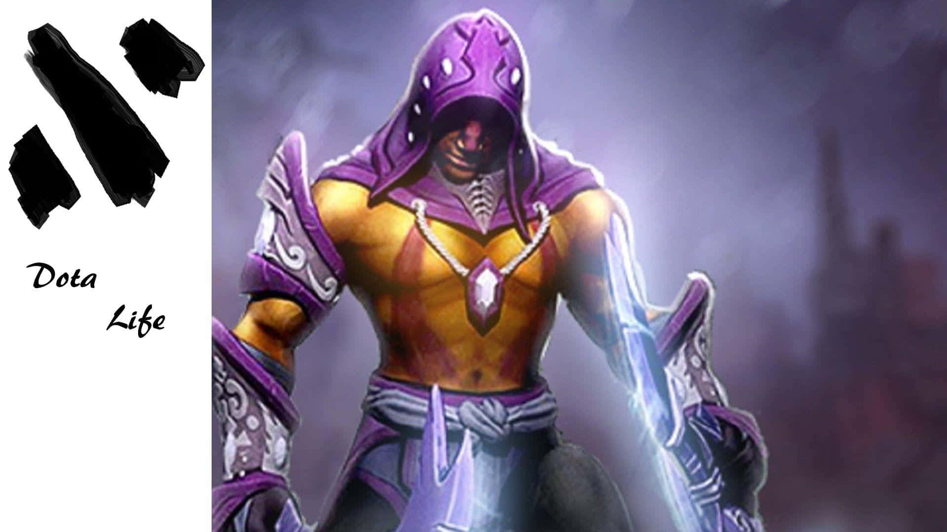 Anti-mage 桌布 壁紙 — 一個身穿紫色和金色盔甲的威脅性兜帽戰士，在煙霧繚繞的暮色背景下揮舞著發光的劍。
