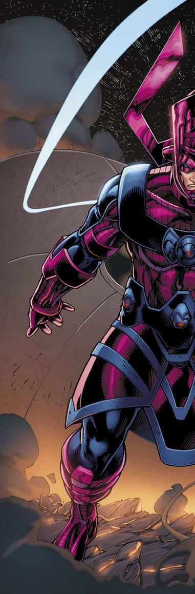 Galactus 桌布 壁紙 — 一個身穿紫色和黑色盔甲的漫畫超級英雄在瓦礫中動態地站立，一把發光的白色能量劍在上方劃出弧線。