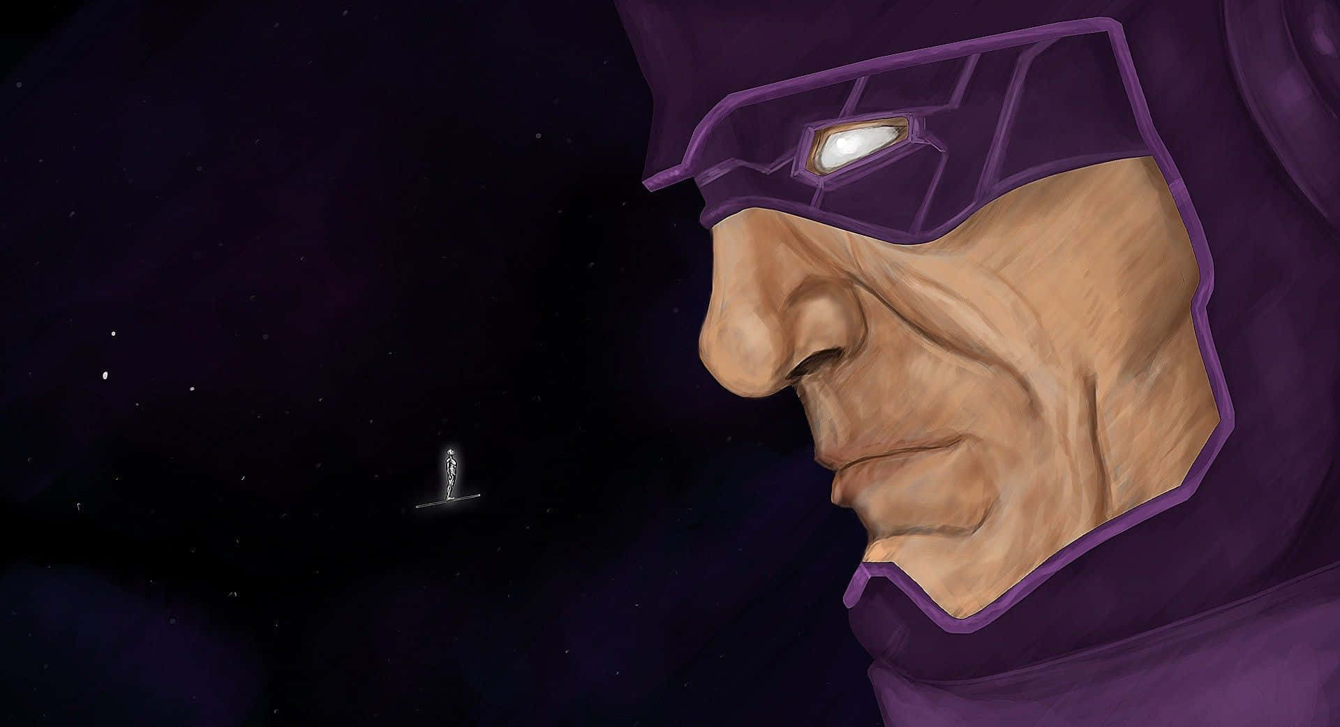 Galactus 桌布 壁紙 — 一個身穿紫色套裝、表情嚴肅的超級英雄特寫，眼睛發光，背景是星光燦爛的宇宙。