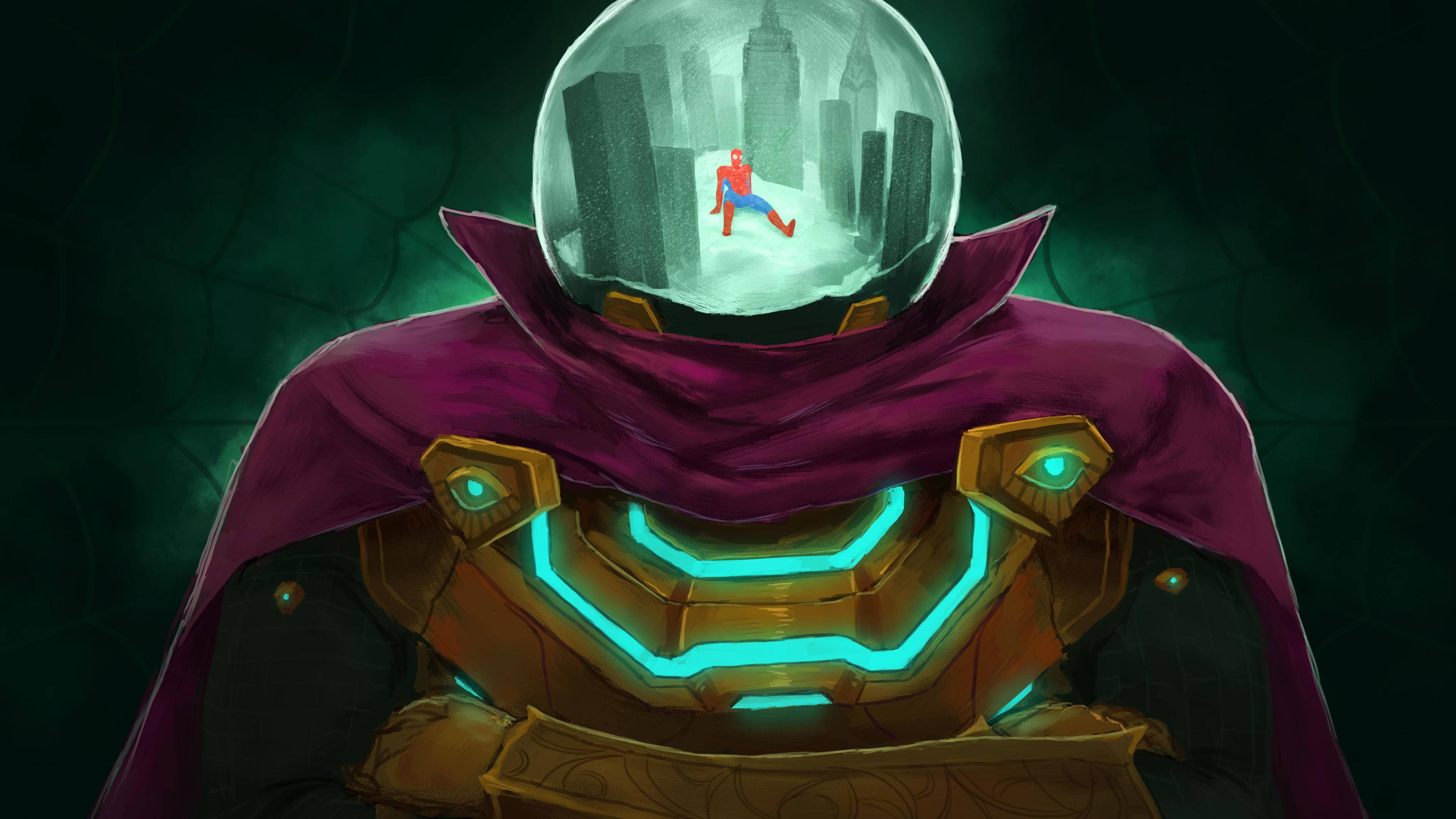 Mysterio 桌布 壁紙 — 一個身穿紫色斗篷和發光盔甲的可怕人物，手持一個透明圓頂，裡面有一個穿著紅色戰衣的小蜘蛛人，背景是城市天際線。