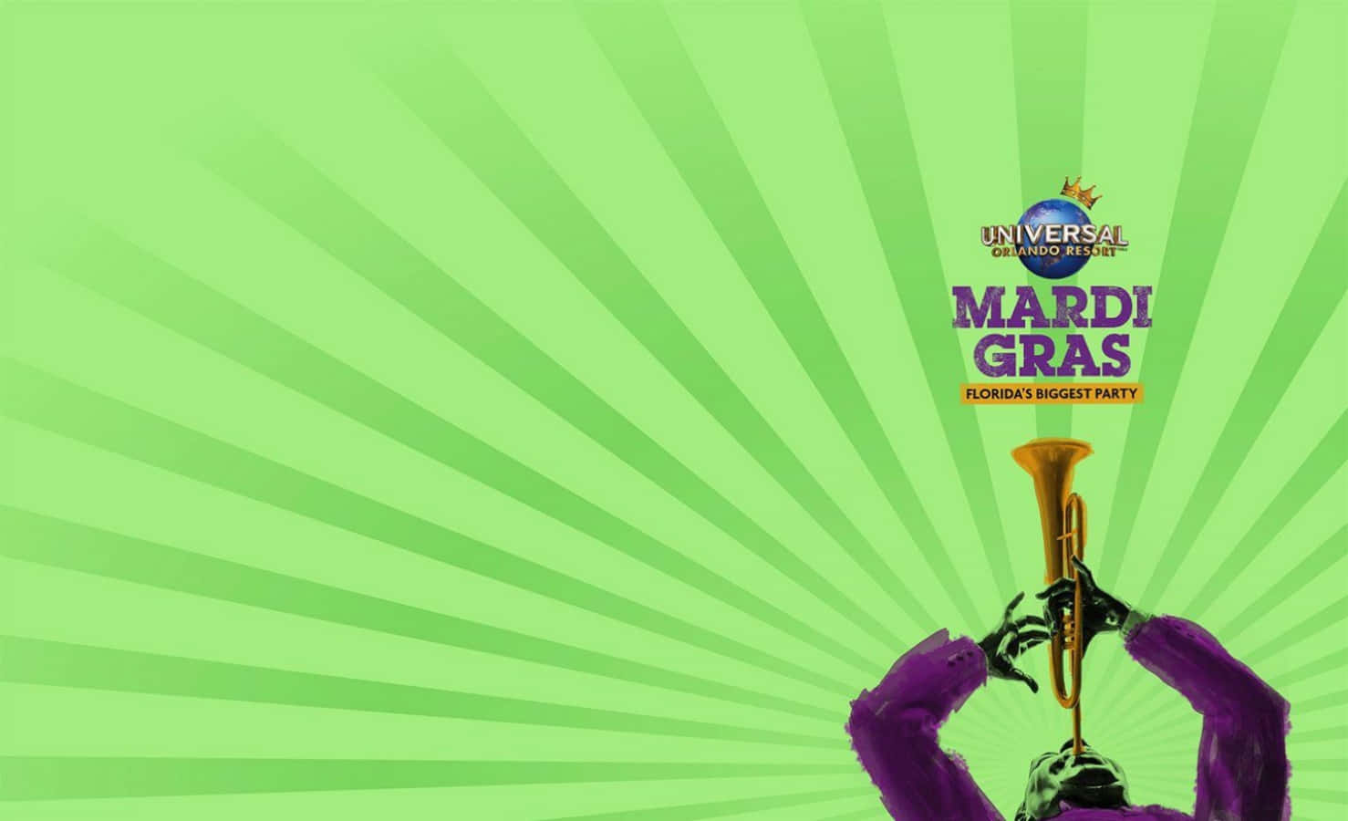 Mardi Gras 桌布 壁紙 — 一個身穿紫色服裝的人物在充滿活力的綠色太陽爆發背景下吹奏金色喇叭，宣傳環球奧蘭多度假村的狂歡節。