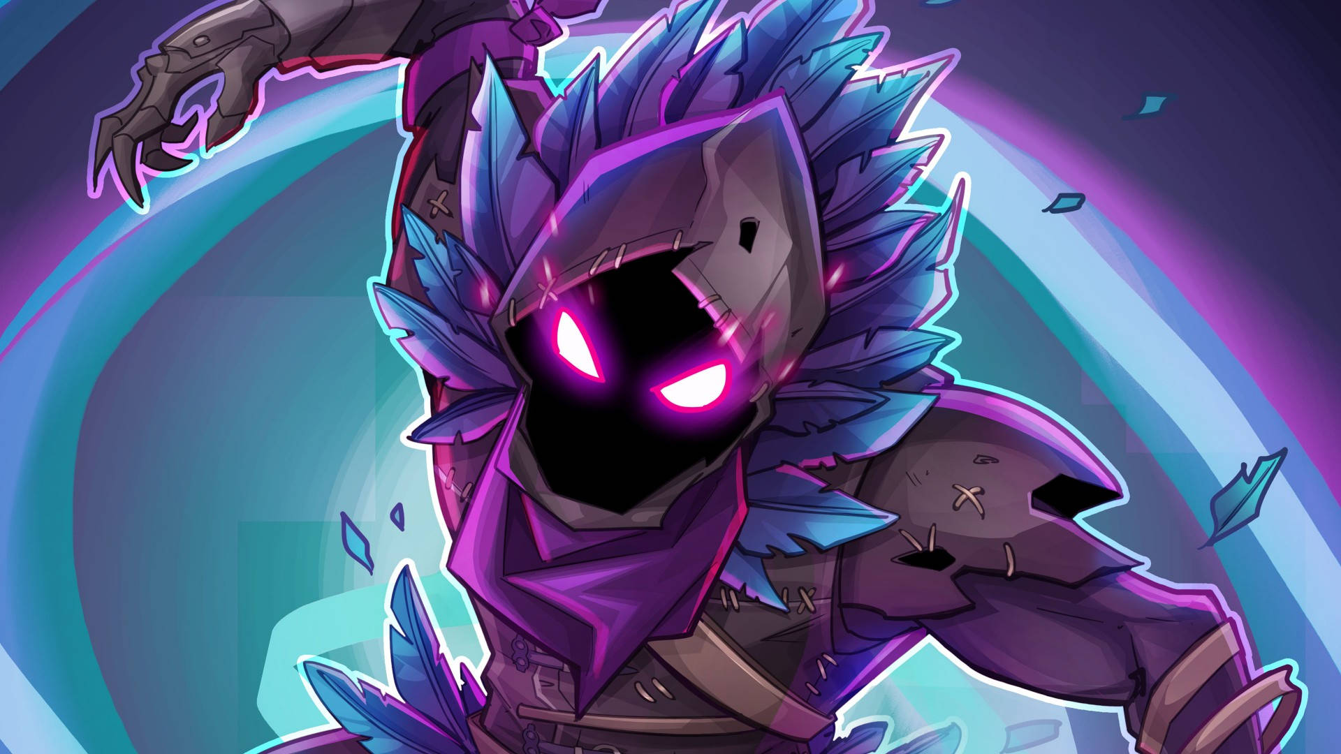 Fortnite 桌布 壁紙 — 一個身穿紫色盔甲、擁有發光粉紅色眼睛和鋸齒狀藍色羽毛狀尖刺的威脅性人物，站在旋轉的藍綠色和紫色漩渦背景前。