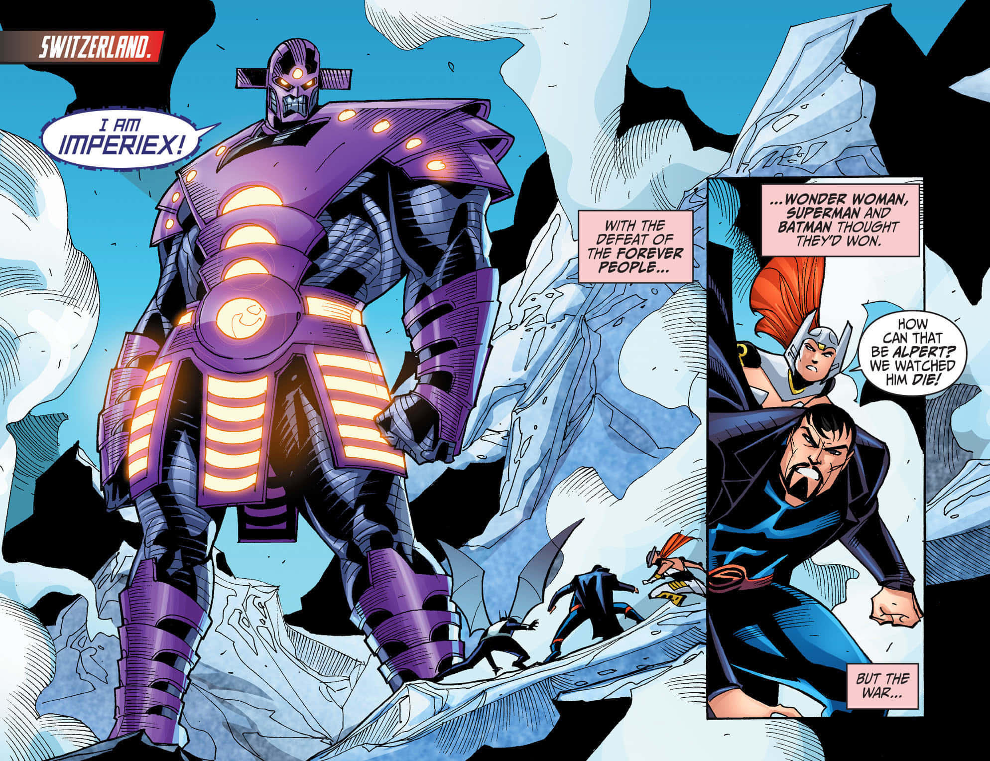 Justice League Gods And Monsters 桌布 壁紙 — 一個身穿紫色盔甲、高聳的Imperiex站在破碎的冰塊中，神力女超人和蝙蝠俠震驚地做出反應。
