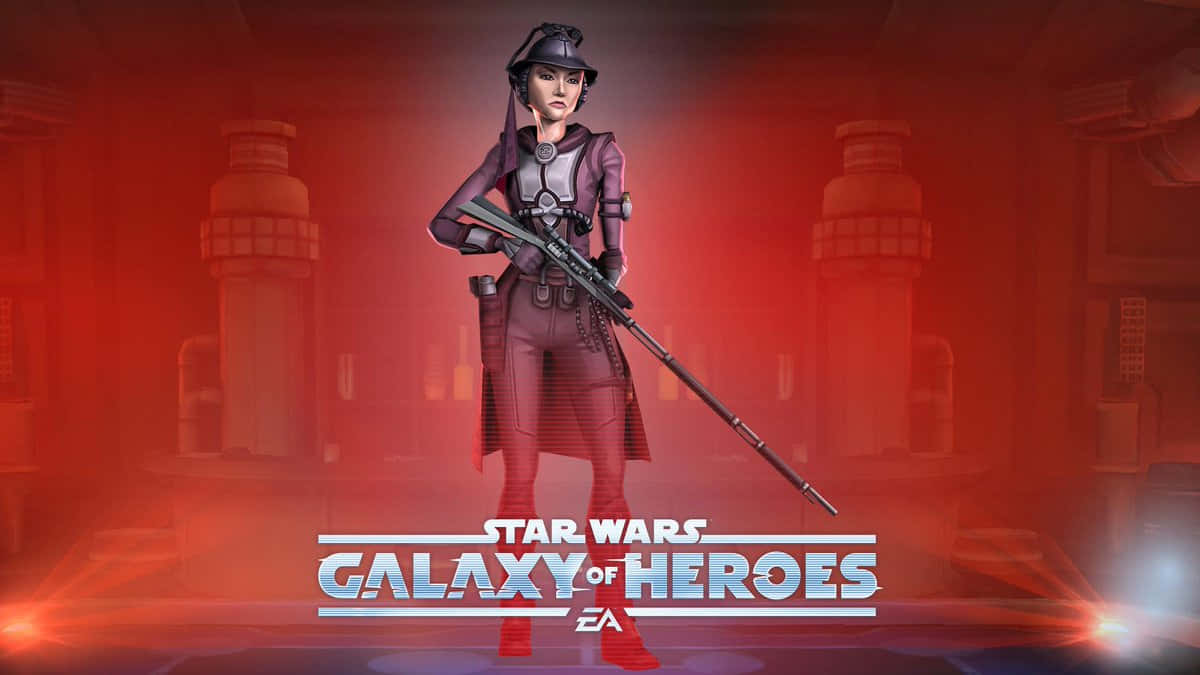 Zam Wesell 桌布 壁紙 — 一個身穿紫色盔甲的女性星際大戰角色自信地站在紅色燈光的科幻走廊中，手持步槍。