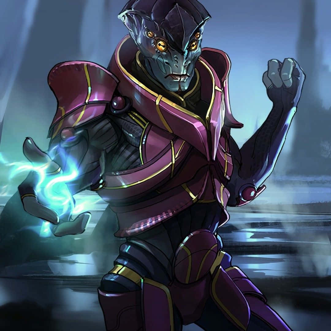 Mass Effect Javik 桌布 壁紙 — 一個身穿紫色盔甲的威脅性外星戰士，在迷霧戰場中透過發光的黃色眼睛引導發光的藍色能量。