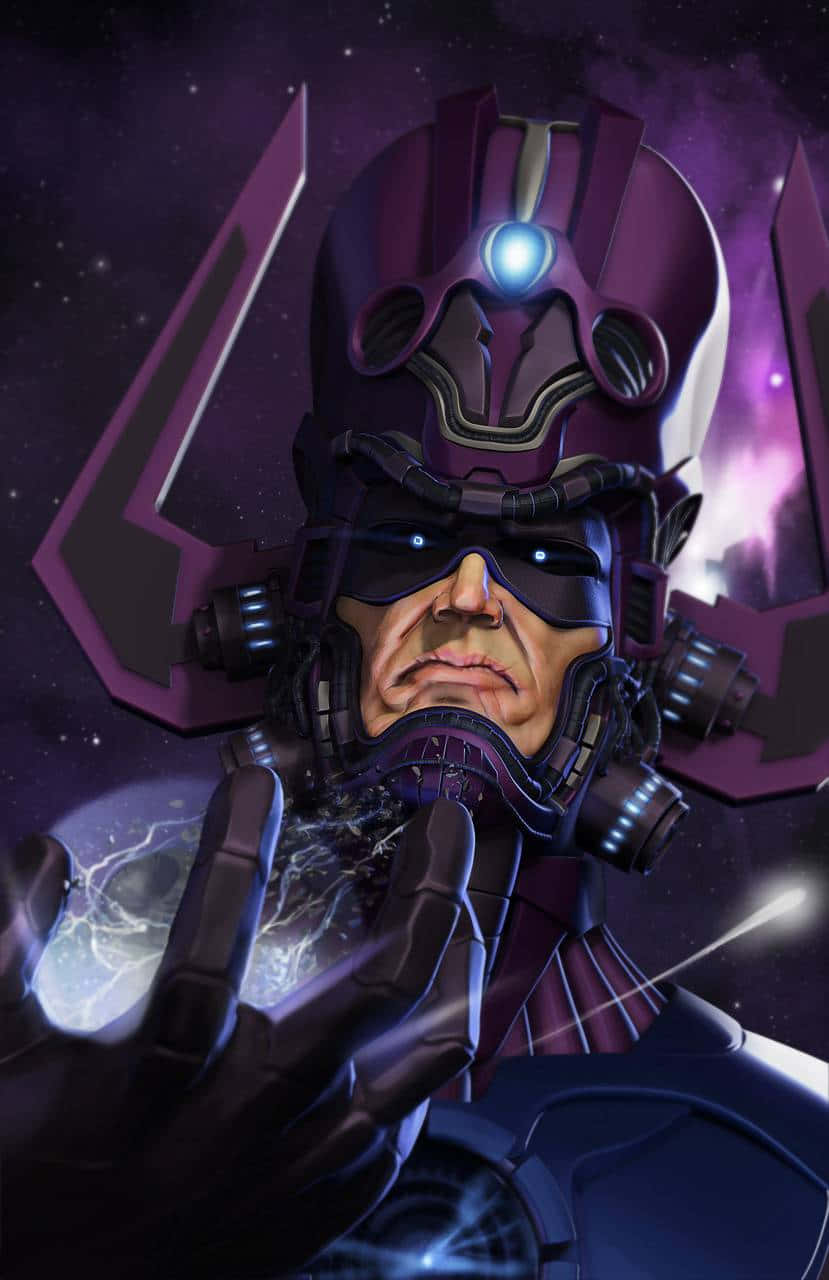 Galactus 桌布 壁紙 — 一個身穿紫色盔甲的威脅性宇宙反派，在星光虛空中引導能量，帶有發光的藍色點綴。