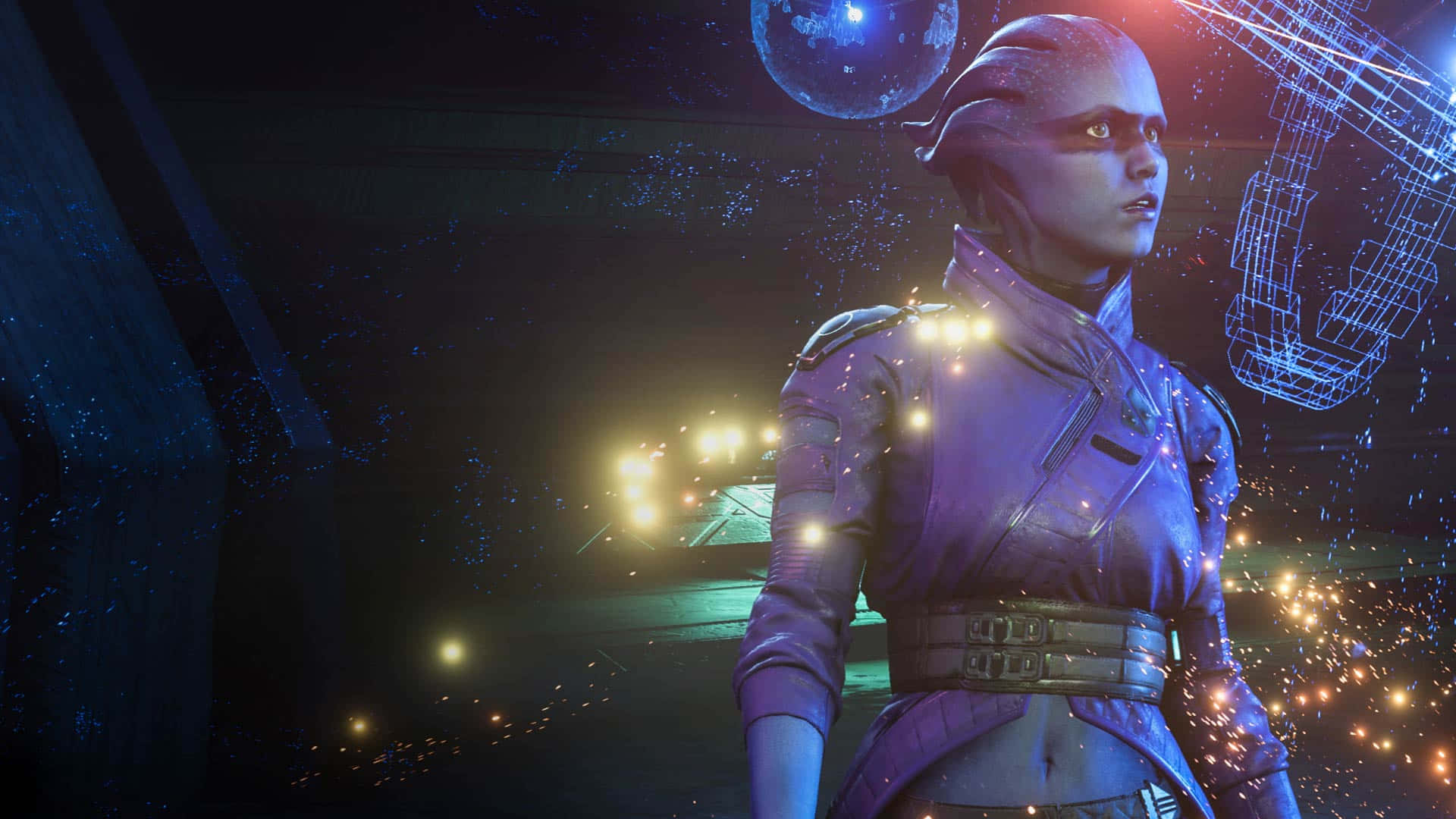 Mass Effect Andromeda 桌布 壁紙 — 一個身穿紫色盔甲的未來外星戰士站在一個星光閃爍的太空站中，周圍有發光的火花和全息元素。