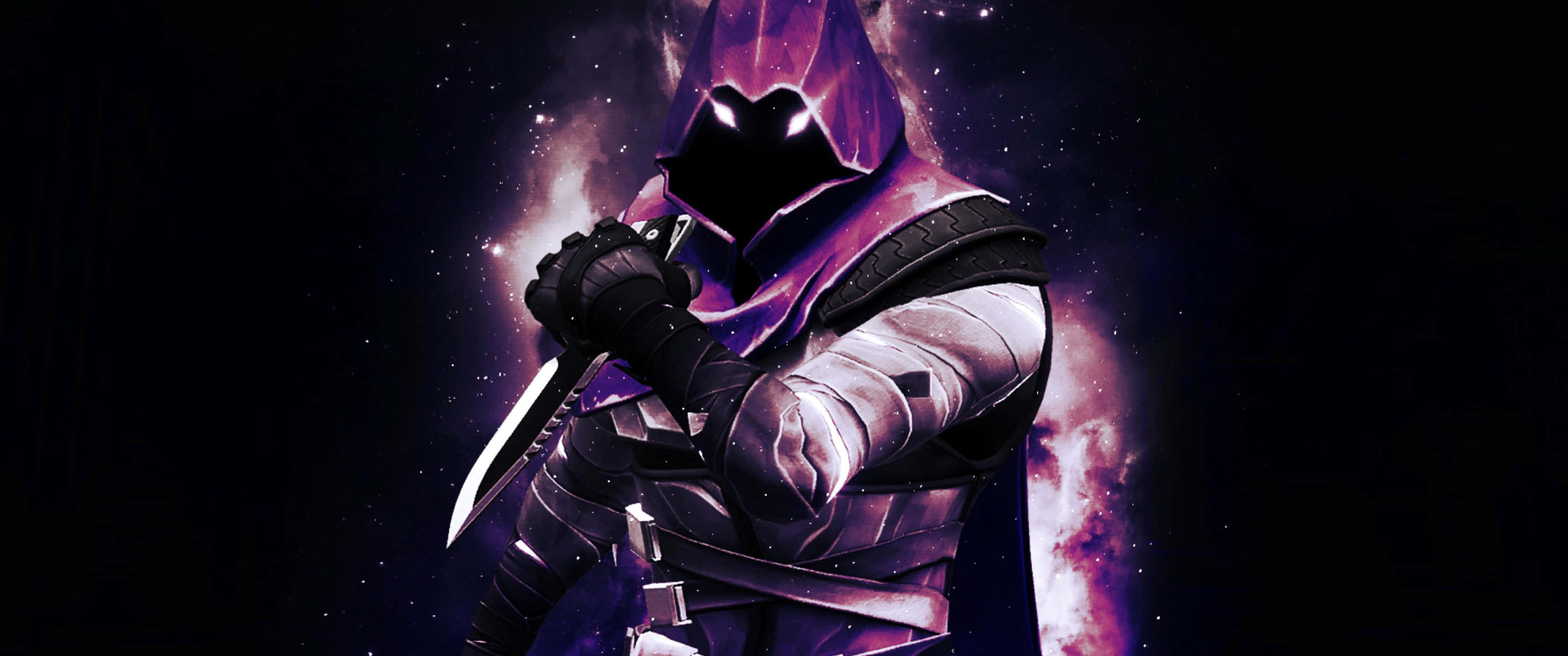 電玩遊戲 桌布 壁紙 — 一個身穿紫色盔甲的蒙面戰士，在宇宙星雲背景下手持匕首。
