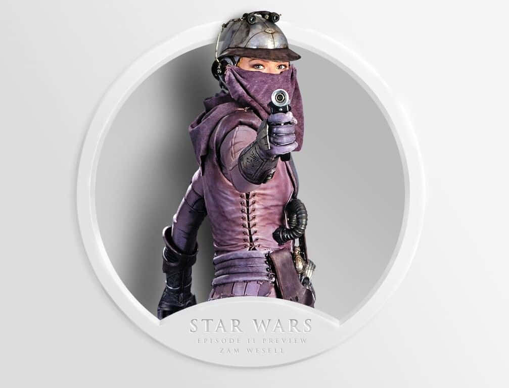 Zam Wesell 桌布 壁紙 — 一個身穿紫色衣服的兇猛星際大戰賞金獵人在圓形框架內專注地瞄準爆能槍。