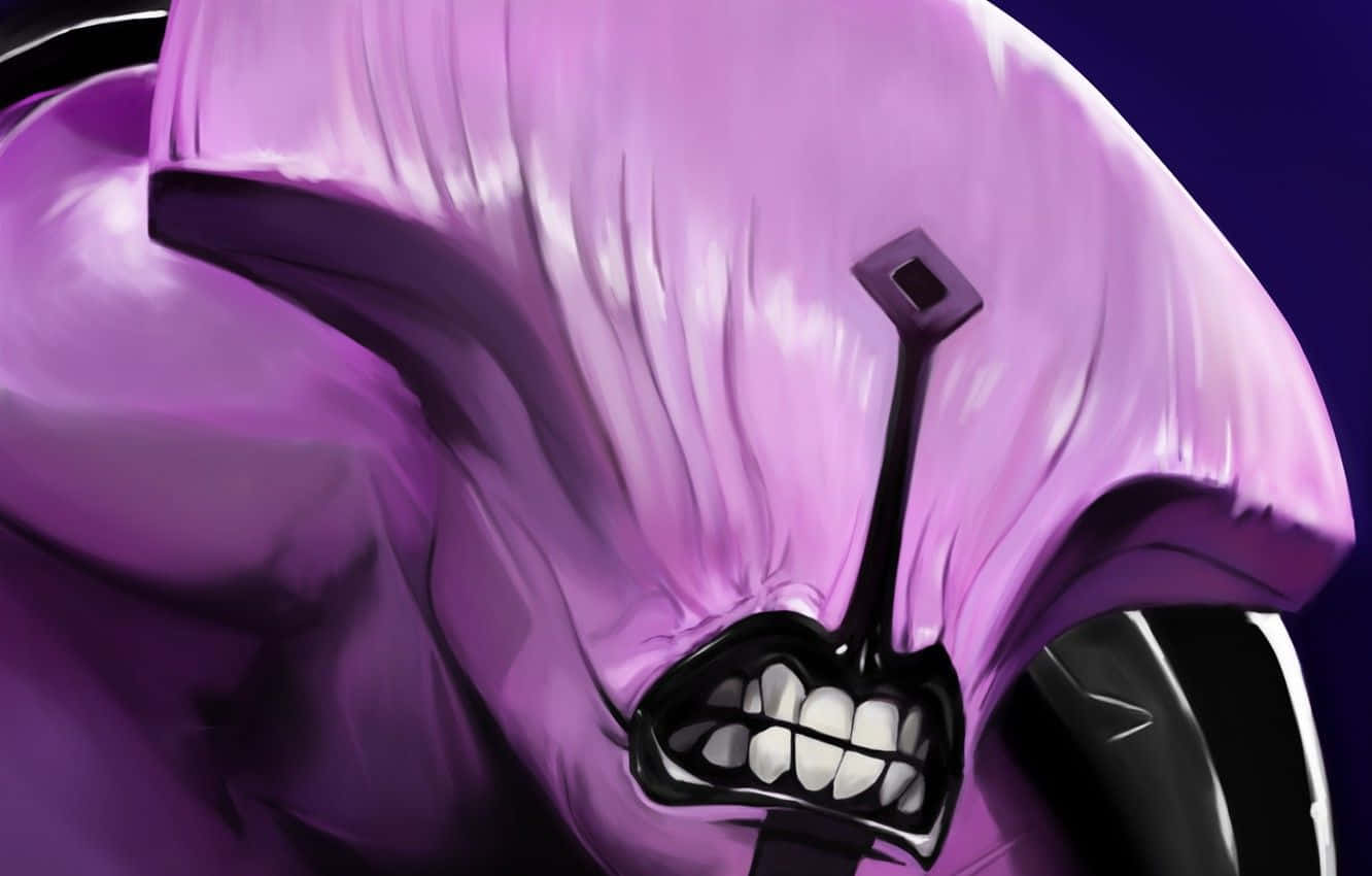 Faceless Void 桌布 壁紙 — 一個身穿紫色連帽斗篷、露出尖牙的威脅性動漫角色，在黑暗背景前齜牙咧嘴。