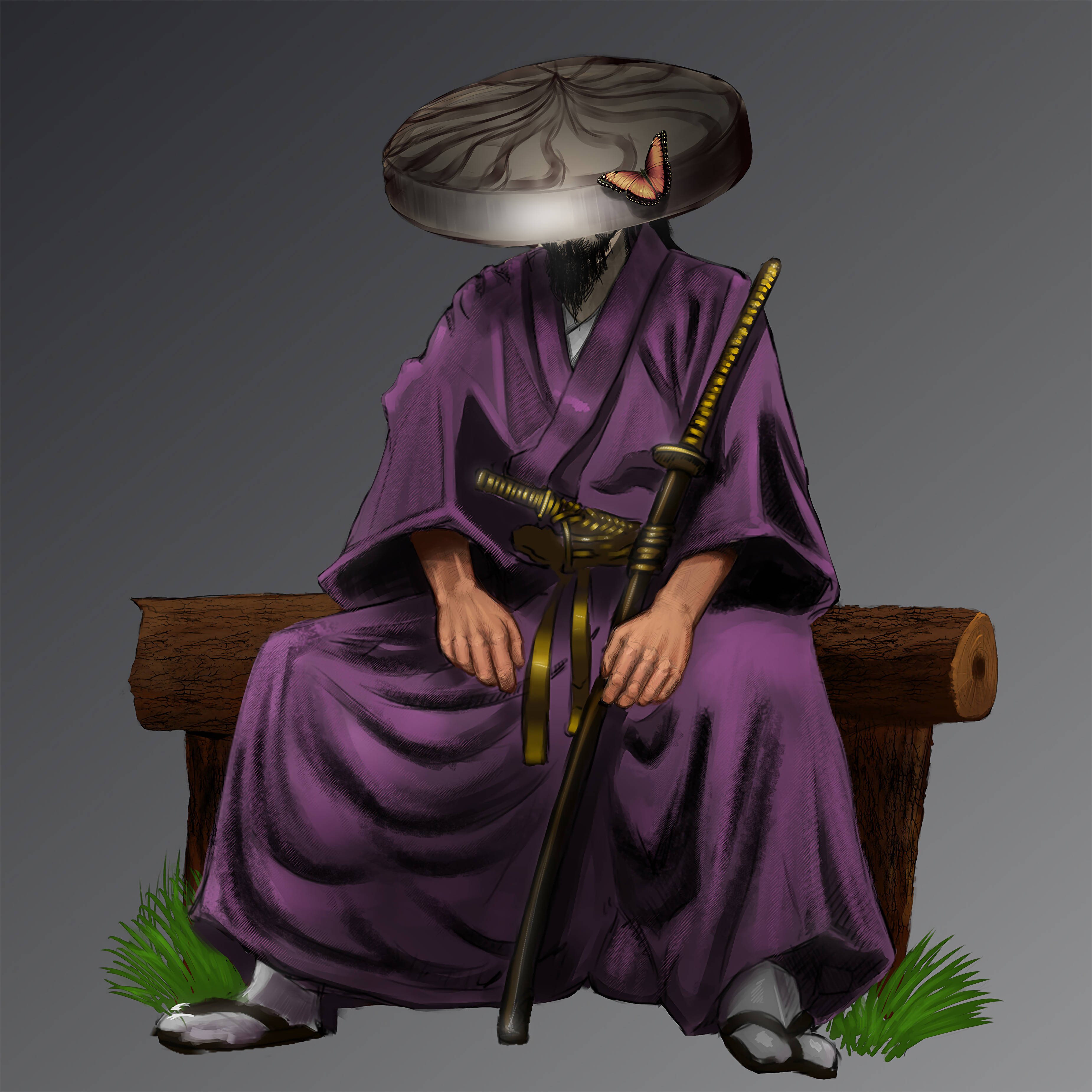 Warrior 桌布 壁紙 — 一個身穿紫色長袍的人物坐在木長椅上，帽子上停著一隻蝴蝶，手持武士刀。