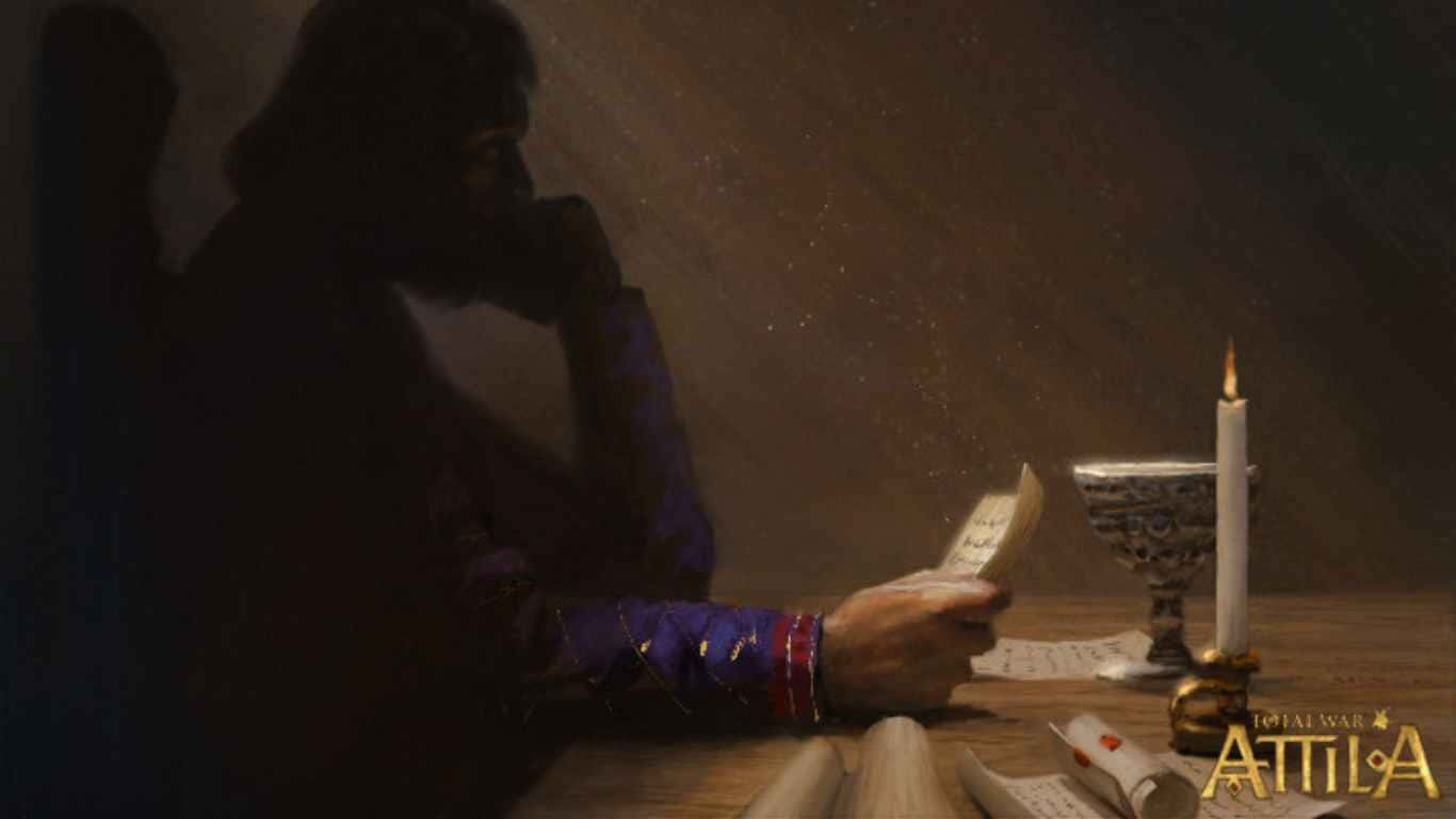 電玩遊戲 桌布 壁紙 — 一個身穿紫色長袍的神秘身影在燭光下閱讀一封信，房間昏暗，塵埃漂浮。