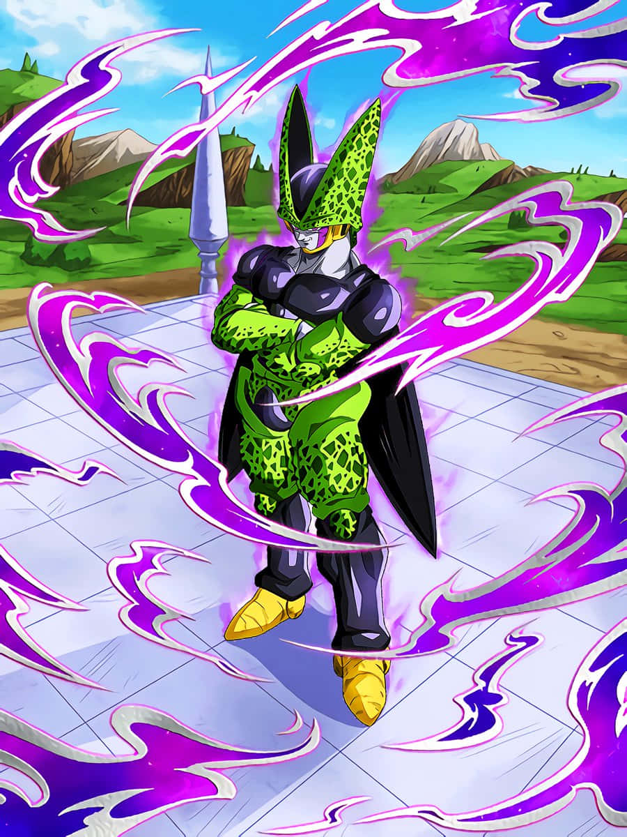 Cell Games 桌布 壁紙 — 一個身穿綠色和黑色裝甲的動漫角色自信地交叉雙臂站立，在長滿草地的戶外競技場中被旋轉的紫色能量包圍。