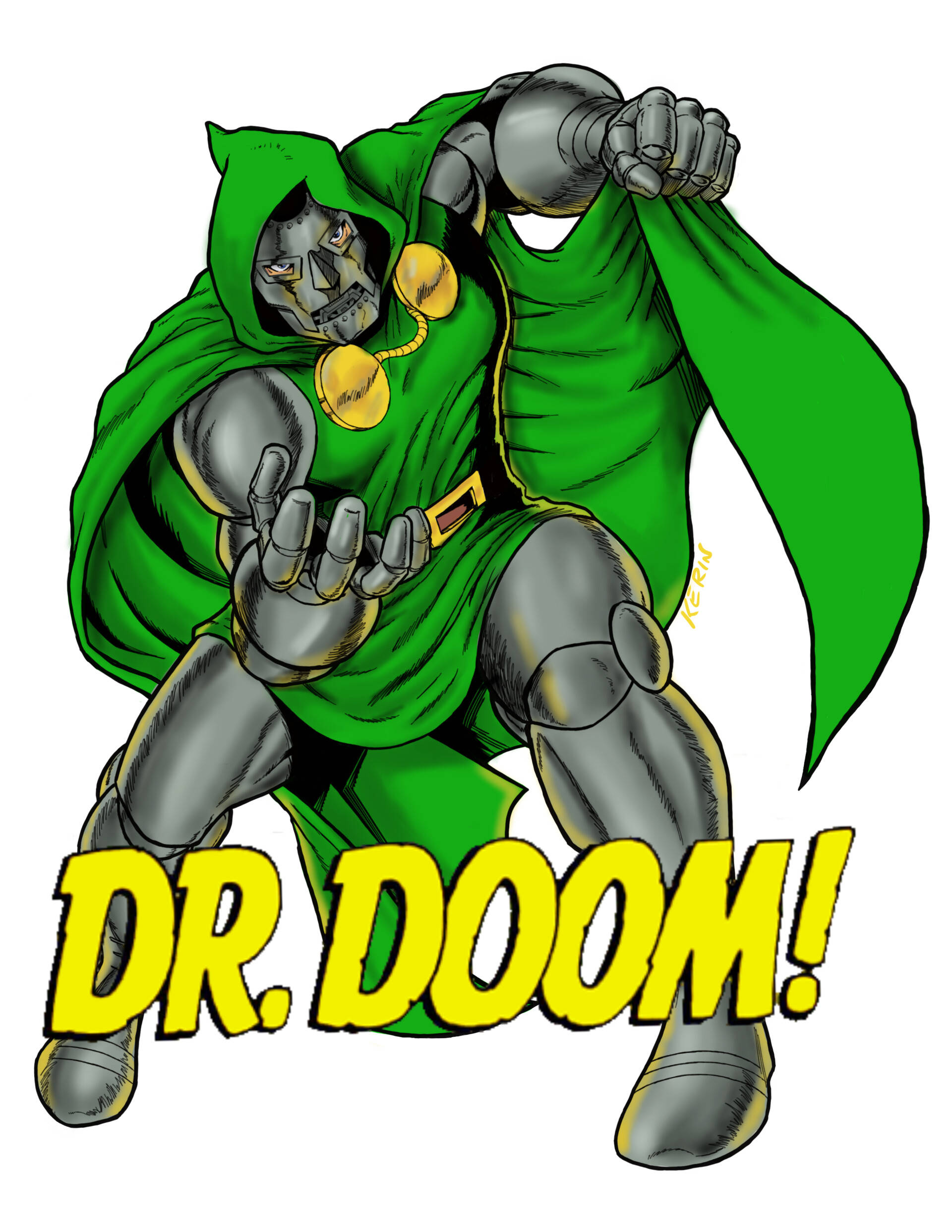 Doctor Doom 桌布 壁紙 — 一個身穿綠色斗篷和金屬盔甲的威脅性毀滅博士，在白色背景前握拳蹲伏。