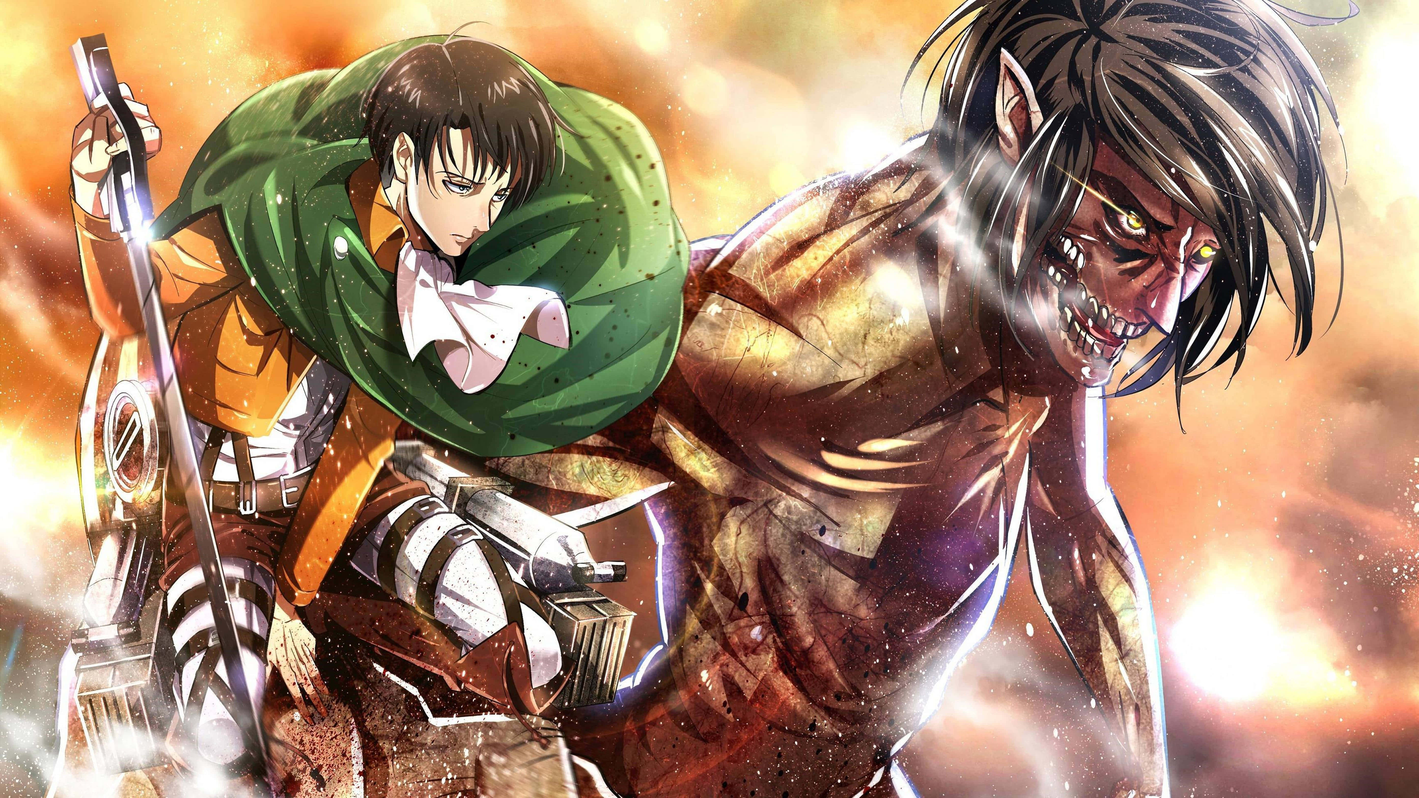 Attack On Titan Titan Eren 桌布 壁紙 — 一個身穿綠色斗篷的堅定動漫戰士，在火紅橙色的天空下與一個巨大的泰坦戰鬥。