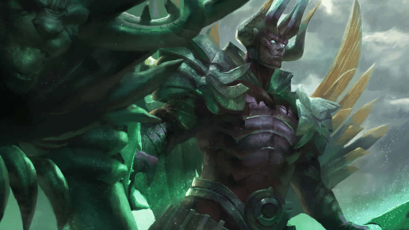 1366x768 Dota 2 桌布 壁紙 — 一個身穿綠色盔甲、擁有金色翅膀的威嚇性奇幻戰士，站在暴風雨的天空下。