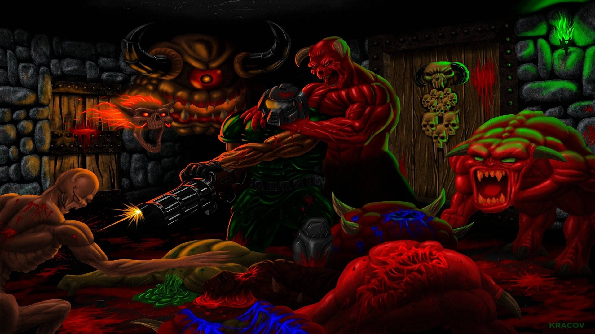 doom HD 桌布 壁紙 — 一個身穿綠色盔甲的惡魔戰士在血跡斑斑的石頭地牢中向怪誕的紅色怪物開火。
