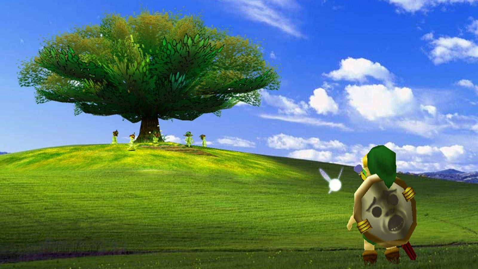 Windows XP 桌布 壁紙 — 一個身穿綠色衣服、手持盾牌的角色站在長滿草的山丘上，面向一棵大樹，樹下有四個小人，背景是明亮的藍天。