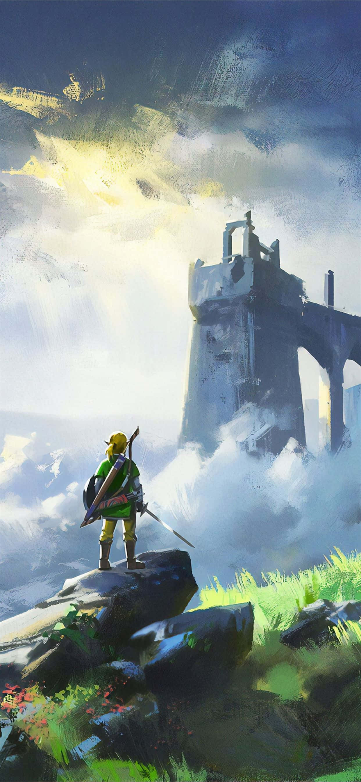 Zelda Phone 桌布 壁紙 — 一個身穿綠色衣服的孤獨冒險家站在長滿苔蘚的岩石上，凝視著在戲劇性天空下籠罩在迷霧中的高聳古代遺跡。