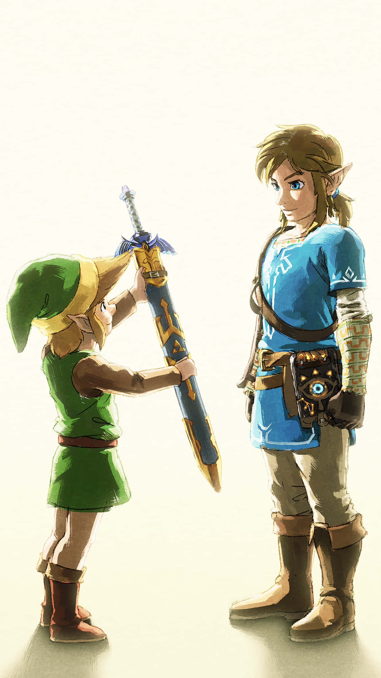 Zelda Phone 桌布 壁紙 — 一個身穿綠色衣服的年輕精靈男孩，在純色背景前，將一把藍色劍遞給一個身穿藍色衣服、較高的精靈男人。