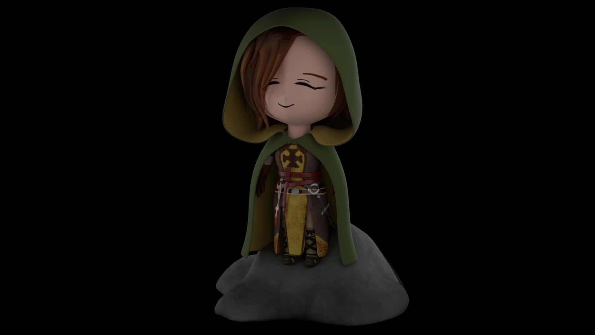 Dark Souls Emerald Herald 桌布 壁紙 — 一個身穿綠色連帽斗篷和黃色盔甲的Q版角色，在黑色背景的灰色岩石上平靜地坐著。