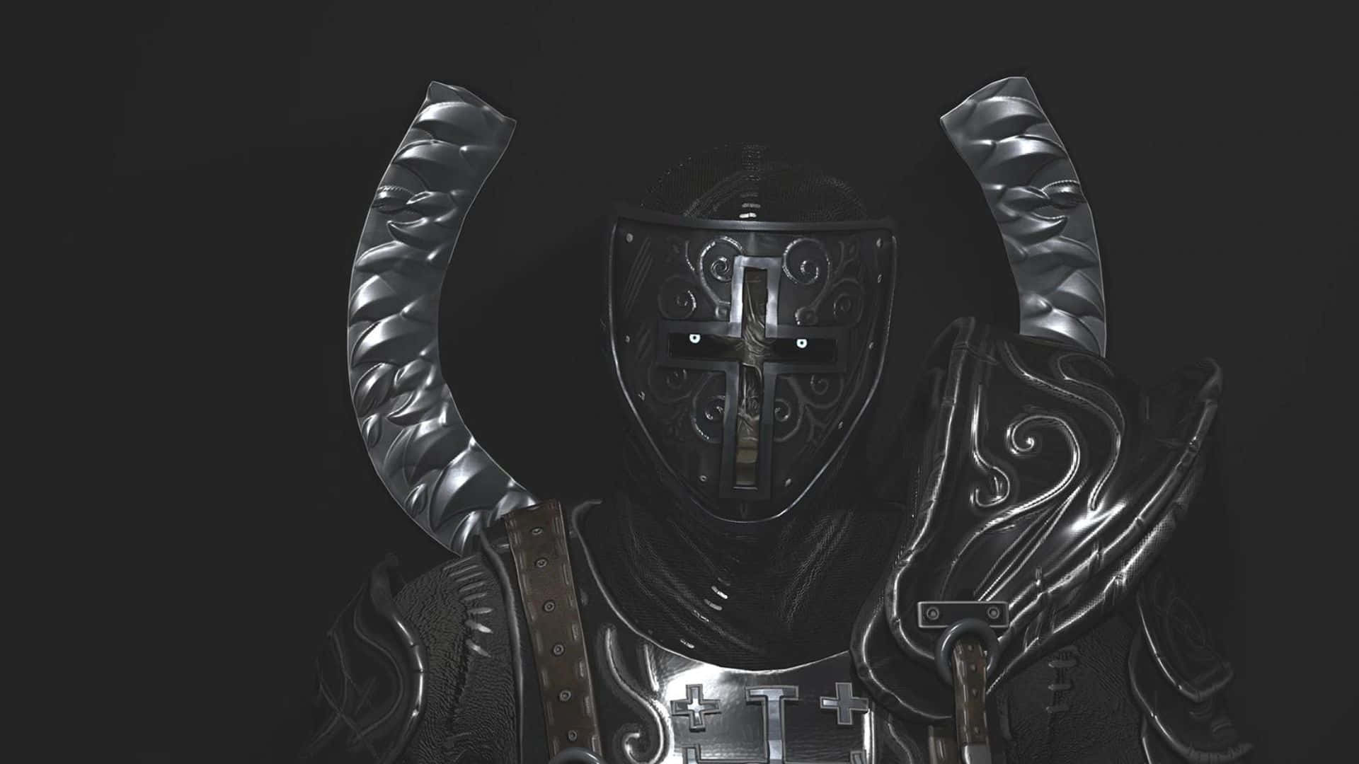 Dark Souls Black Knight 桌布 壁紙 — 一個身穿華麗暗色盔甲、頭戴彎曲角飾及十字裝飾頭盔的威嚇騎士，站在黑色背景前。