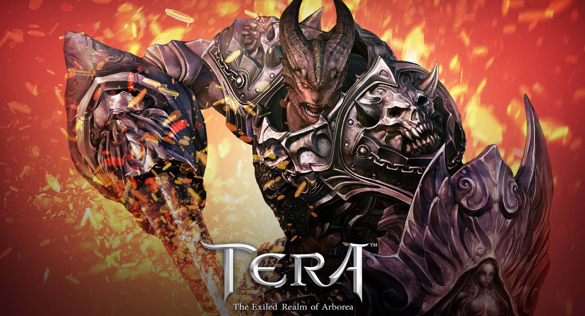 Online Games 桌布 壁紙 — 一個身穿華麗暗色盔甲的惡魔戰士，在熾熱的橙紅色背景前揮舞著一把巨大的發光劍。