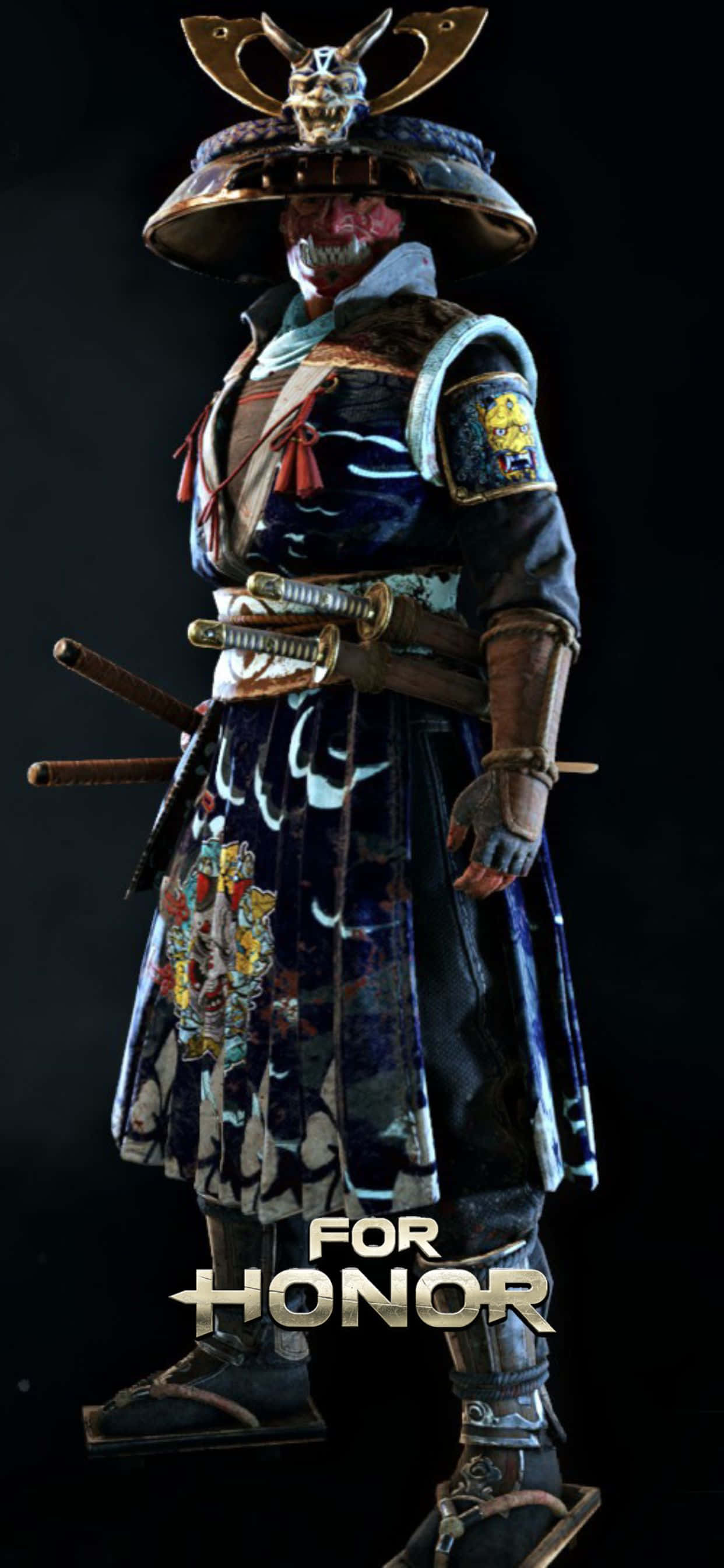 iPhone Xs Max For Honor 桌布 壁紙 — 一個身穿華麗深藍色盔甲、頭戴骷髏頭盔、手持雙刀的威猛武士，站在黑色背景前。