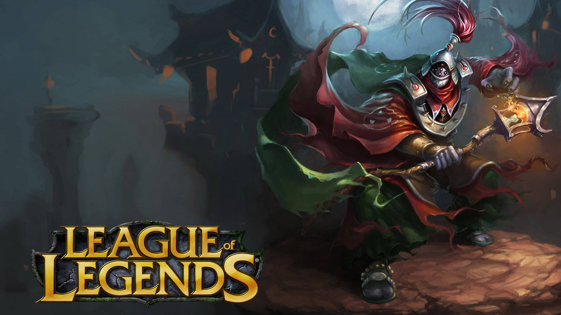 3d League Of Legends 桌布 壁紙 — 一個身穿華麗盔甲、披著飄逸紅綠斗篷的黑暗奇幻戰士，在月光下的哥德式廢墟背景中揮舞著發光的錘子。