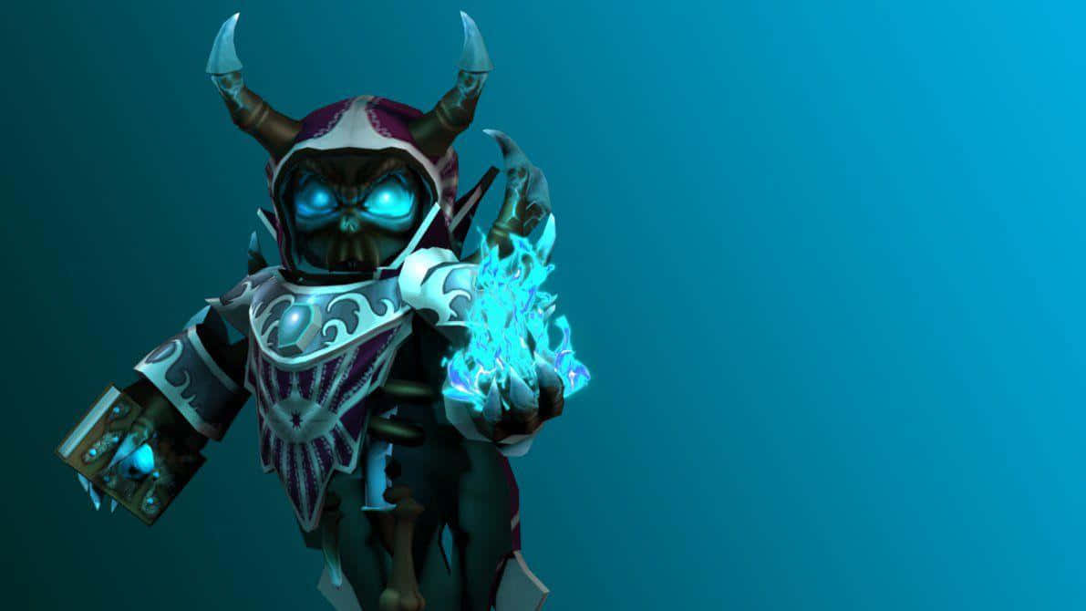 Roblox Character 桌布 壁紙 — 一個身穿華麗盔甲、擁有發光藍色眼睛和手中凝聚冰霜魔法能量的惡魔戰士，背景為青綠色。
